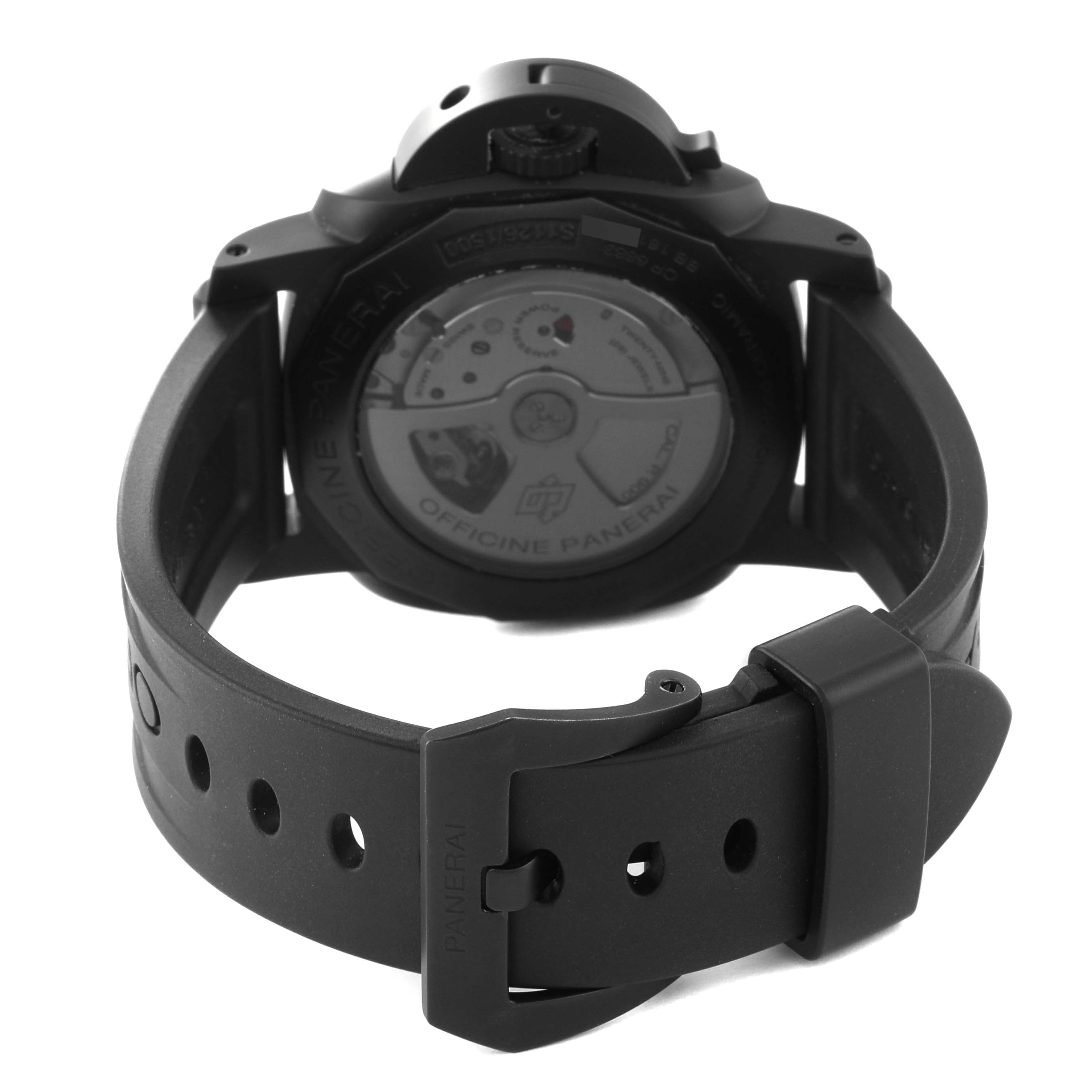 This image shows the backside of a Panerai Luminor PAM00441 Men's Ceramic Black Dial PAM00441 Men's Ceramic Black Dial watch, highlighting its black strap and deployment clasp.