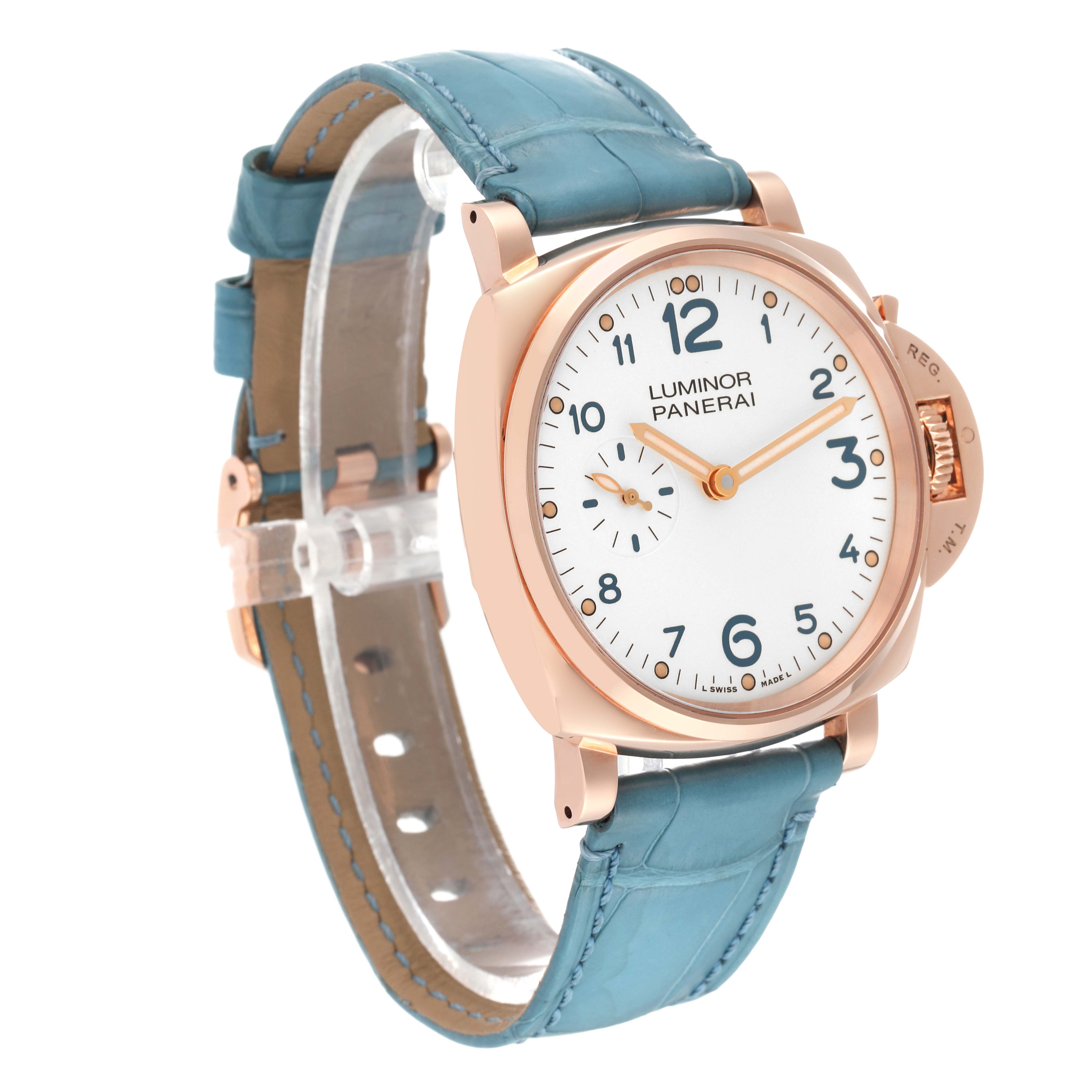 The Panerai Luminor Due PAM00741 Men's Rose Gold Silver Dial PAM00741 Men's Rose Gold Silver Dial watch is shown from a three-quarter angle, highlighting its face, strap, and crown guard.