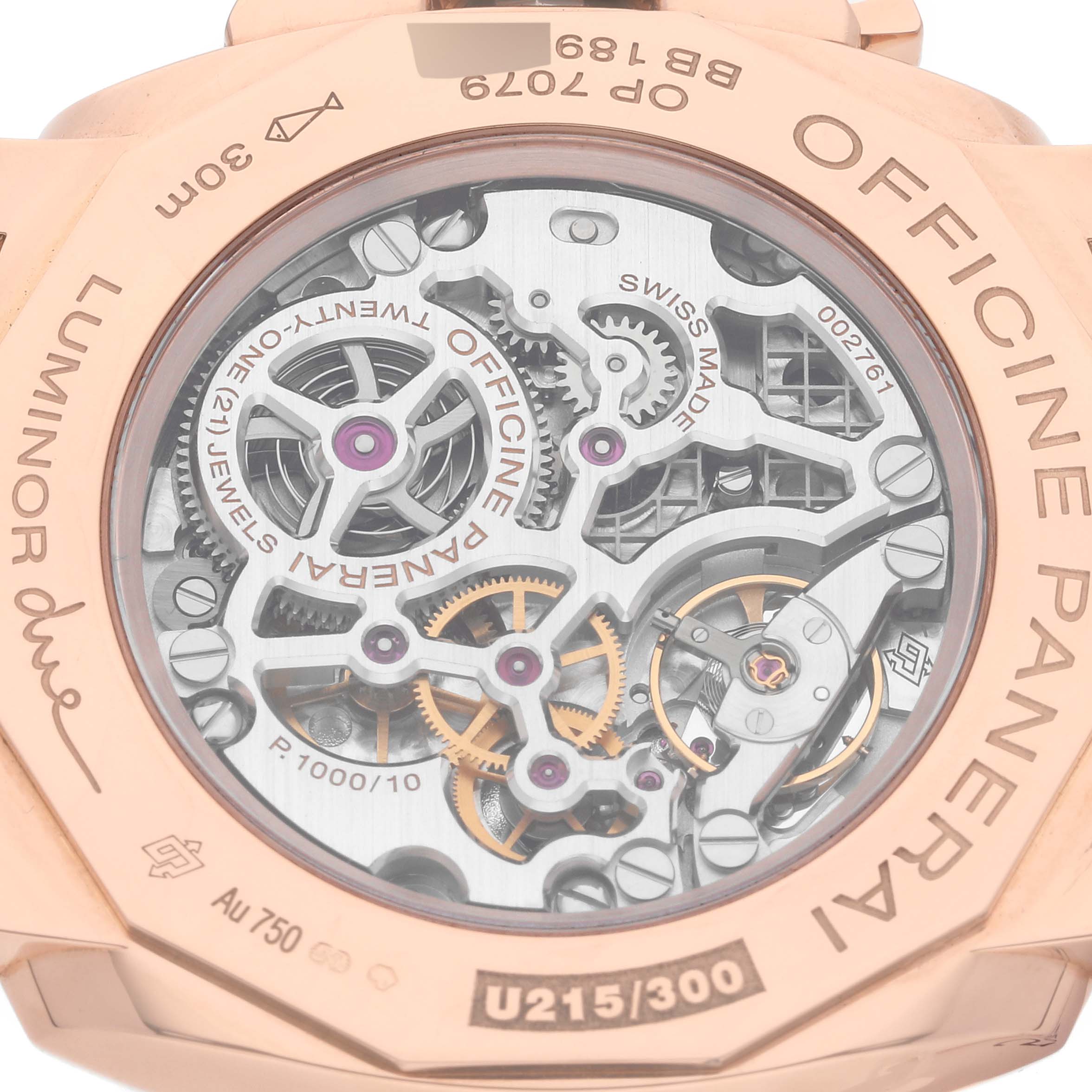 The image shows the case-back view of the Panerai Luminor Due PAM00741 Men's Rose Gold Silver Dial PAM00741 Men's Rose Gold Silver Dial watch, revealing its intricate movement and internal mechanics.