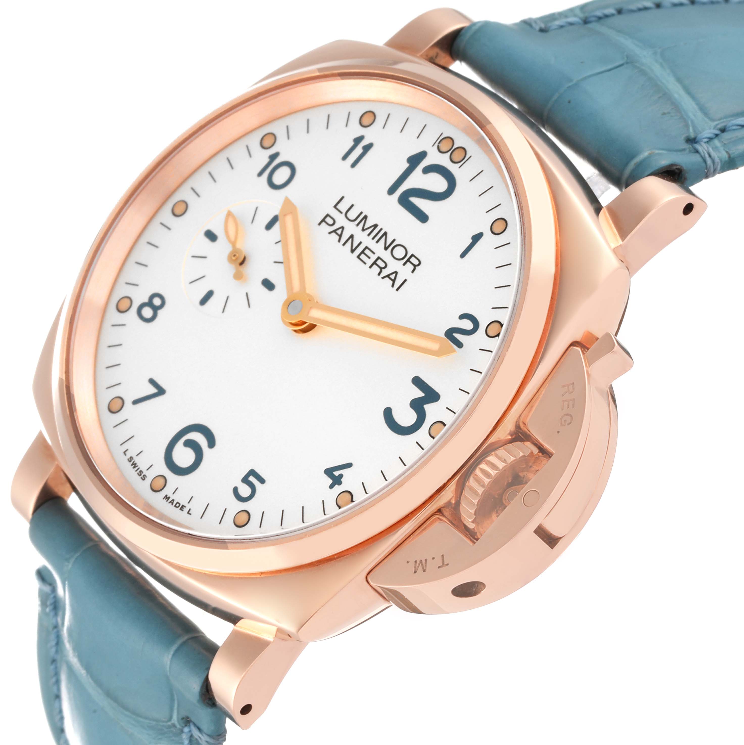 The Panerai Luminor Due PAM00741 Men's Rose Gold Silver Dial PAM00741 Men's Rose Gold Silver Dial model is shown at an angle highlighting the face, crown guard, and partial strap.