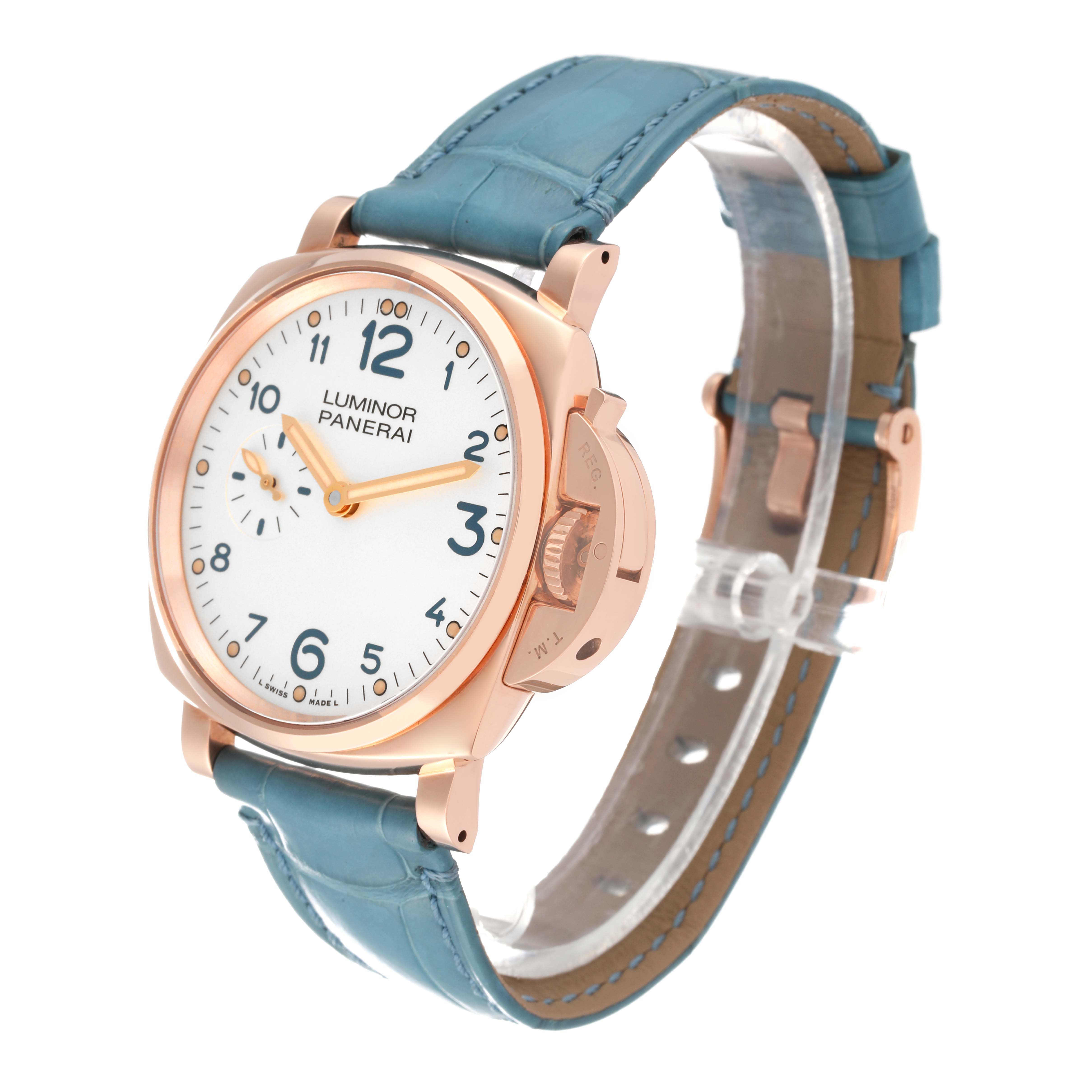 This image shows a Luminor Due model by Panerai from a front-side angle, highlighting the watch face, case, and strap.