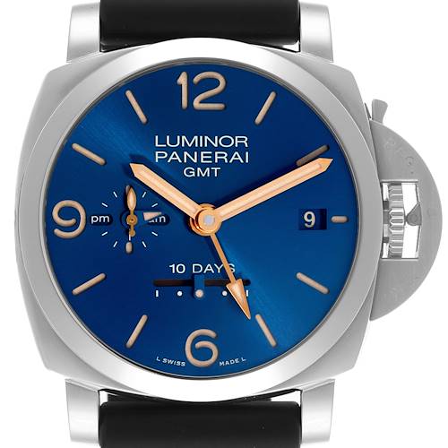 The Panerai Luminor watch is shown from a front angle, displaying its blue dial, hour markers, and crown guard.