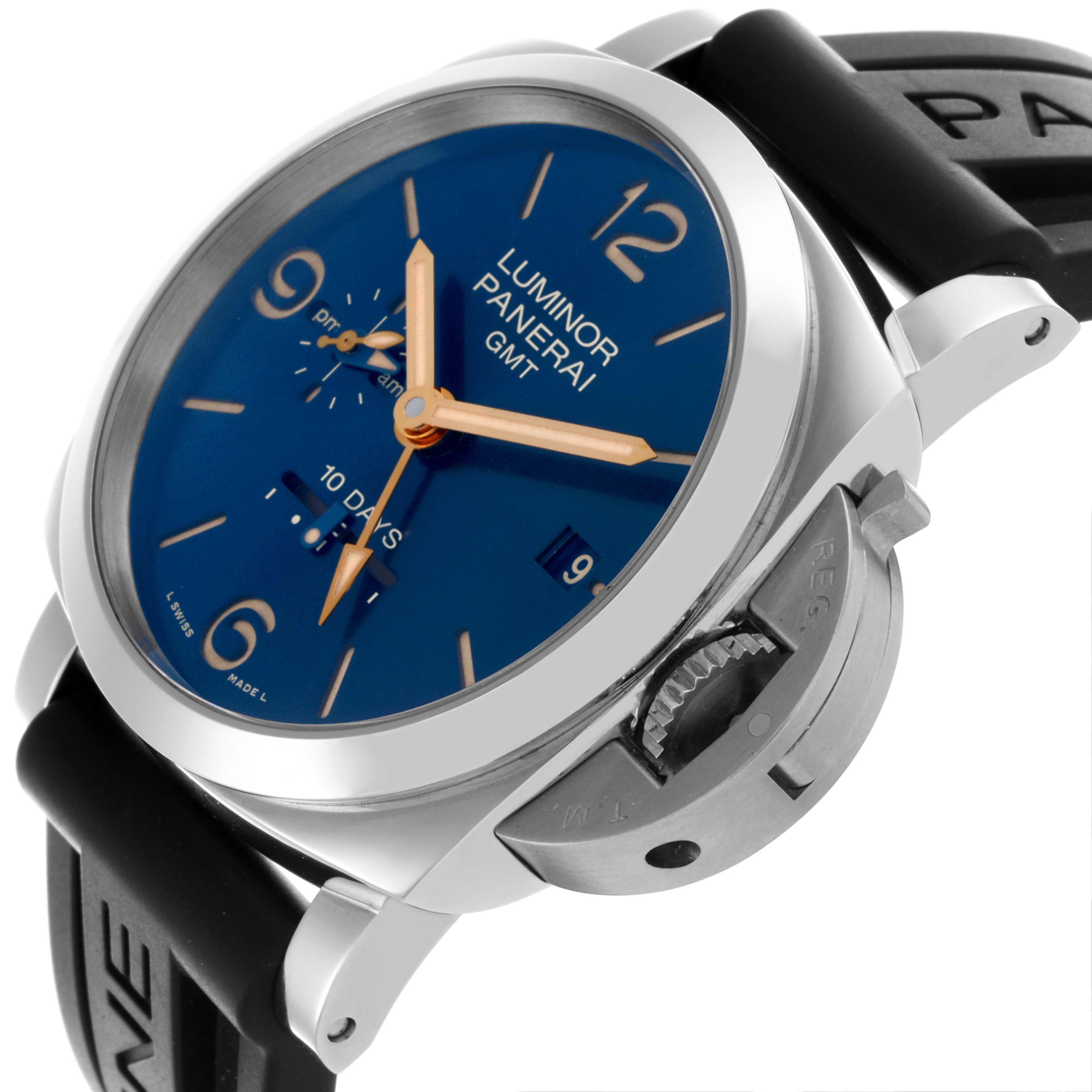 The image shows a side angle of a Panerai Luminor PAM00689 Men's Stainless Steel Blue Dial PAM00689 Men's Stainless Steel Blue Dial watch, highlighting the crown guard, blue dial, and black strap.