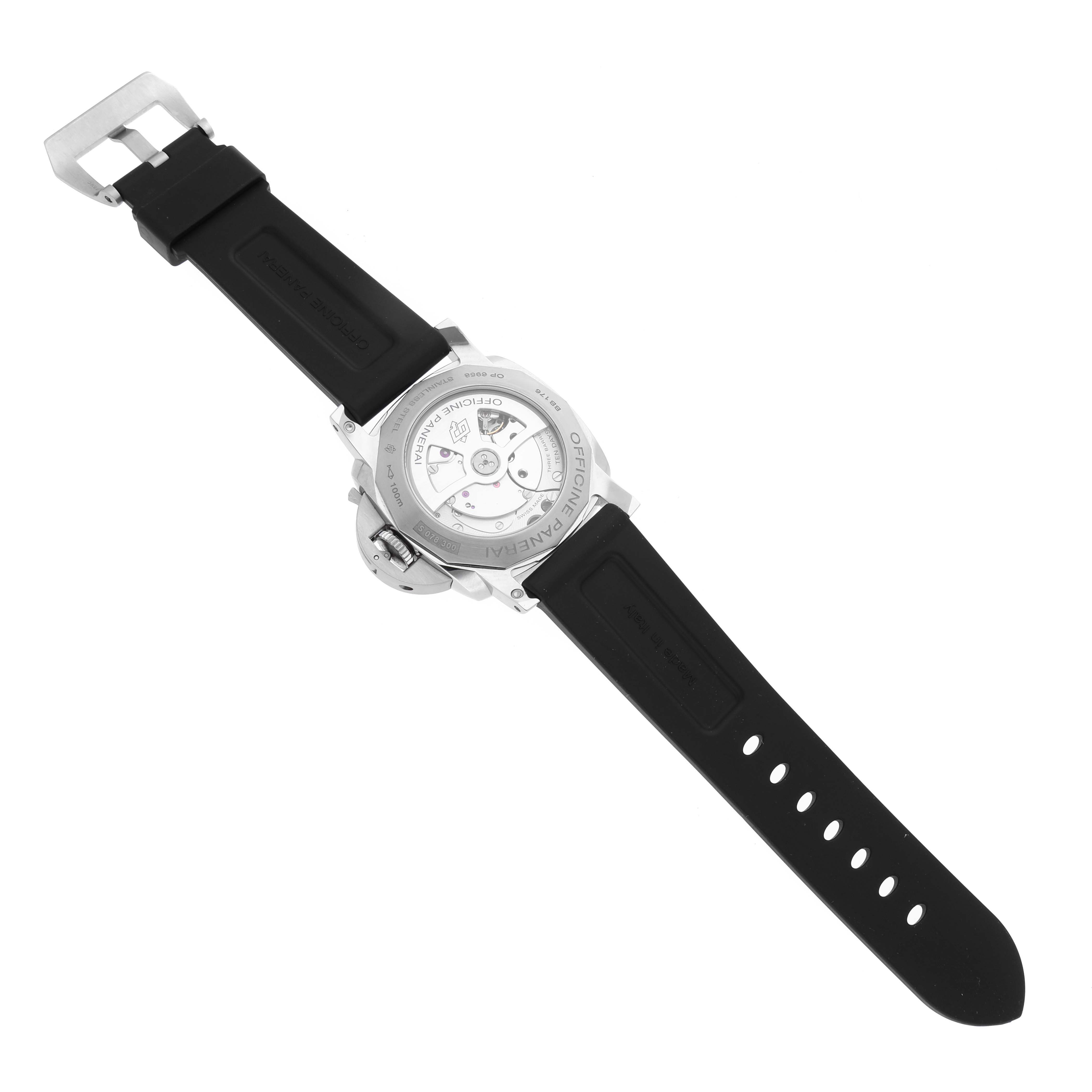 The image shows the back view of the Panerai Luminor PAM00689 Men's Stainless Steel Blue Dial PAM00689 Men's Stainless Steel Blue Dial, highlighting the case back and rubber strap.