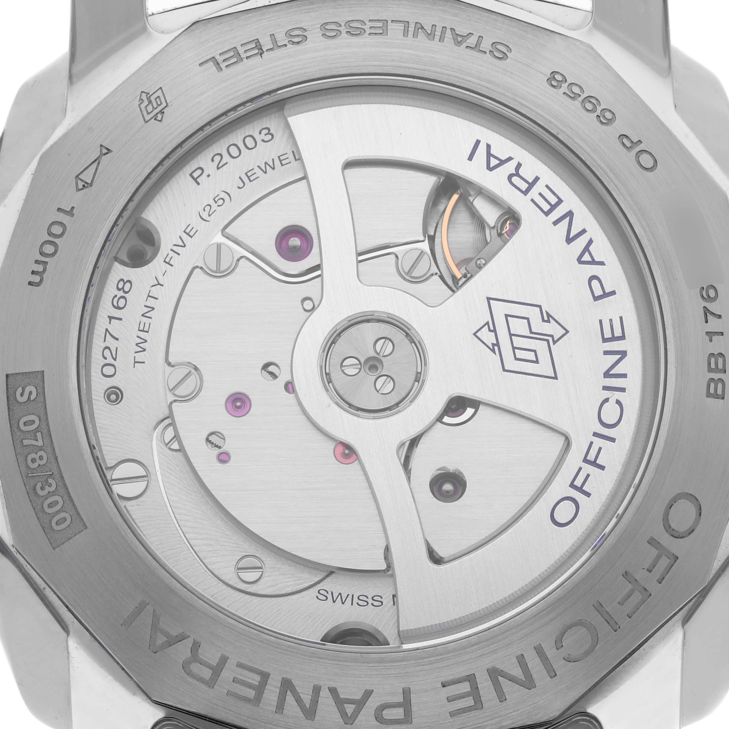 The image shows the back of a Panerai Luminor PAM00689 Men's Stainless Steel Blue Dial PAM00689 Men's Stainless Steel Blue Dial watch, highlighting its movement and engravings.