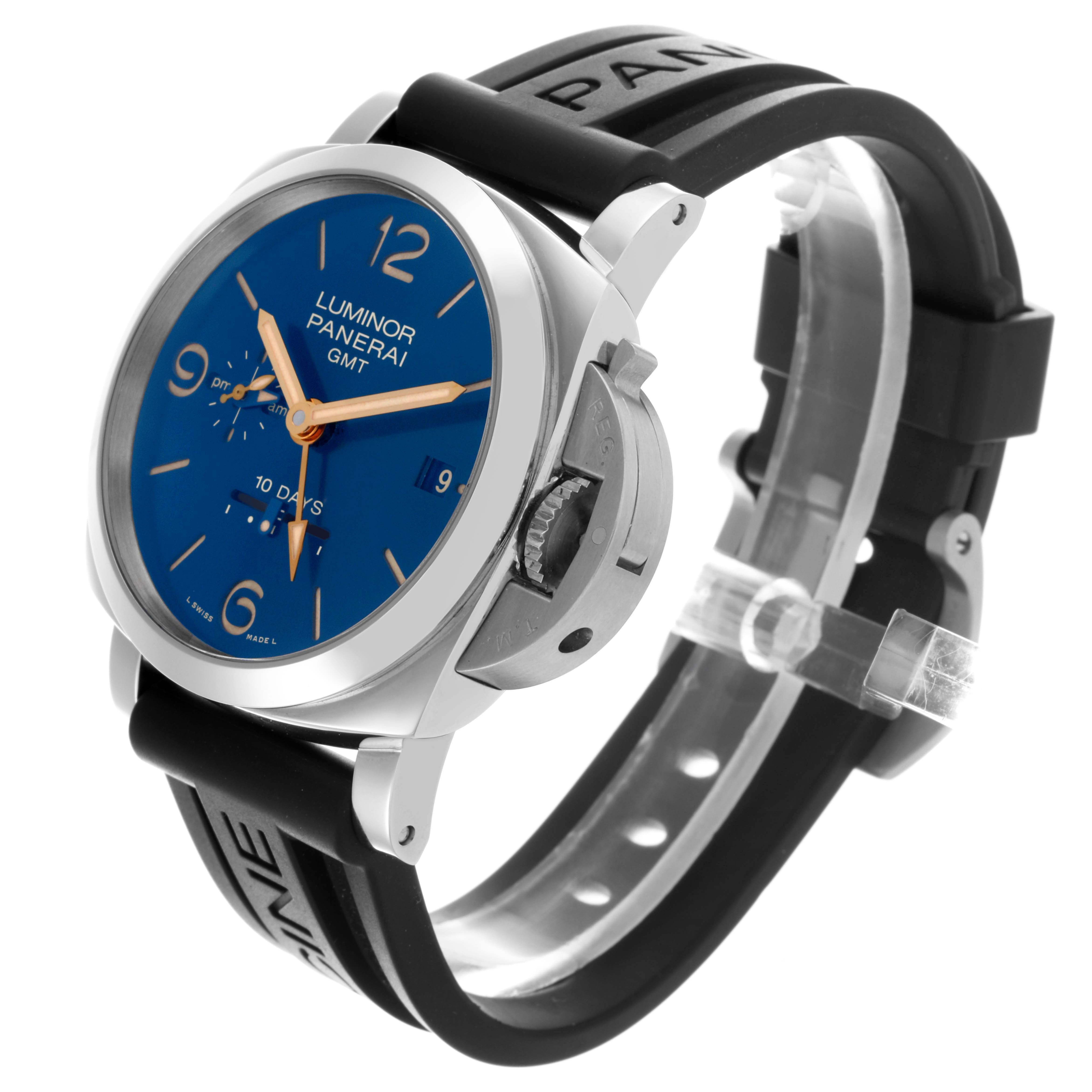 The Panerai Luminor PAM00689 Men's Stainless Steel Blue Dial watch is shown at an angle featuring the face, crown guard, and rubber strap, emphasizing its robust design.