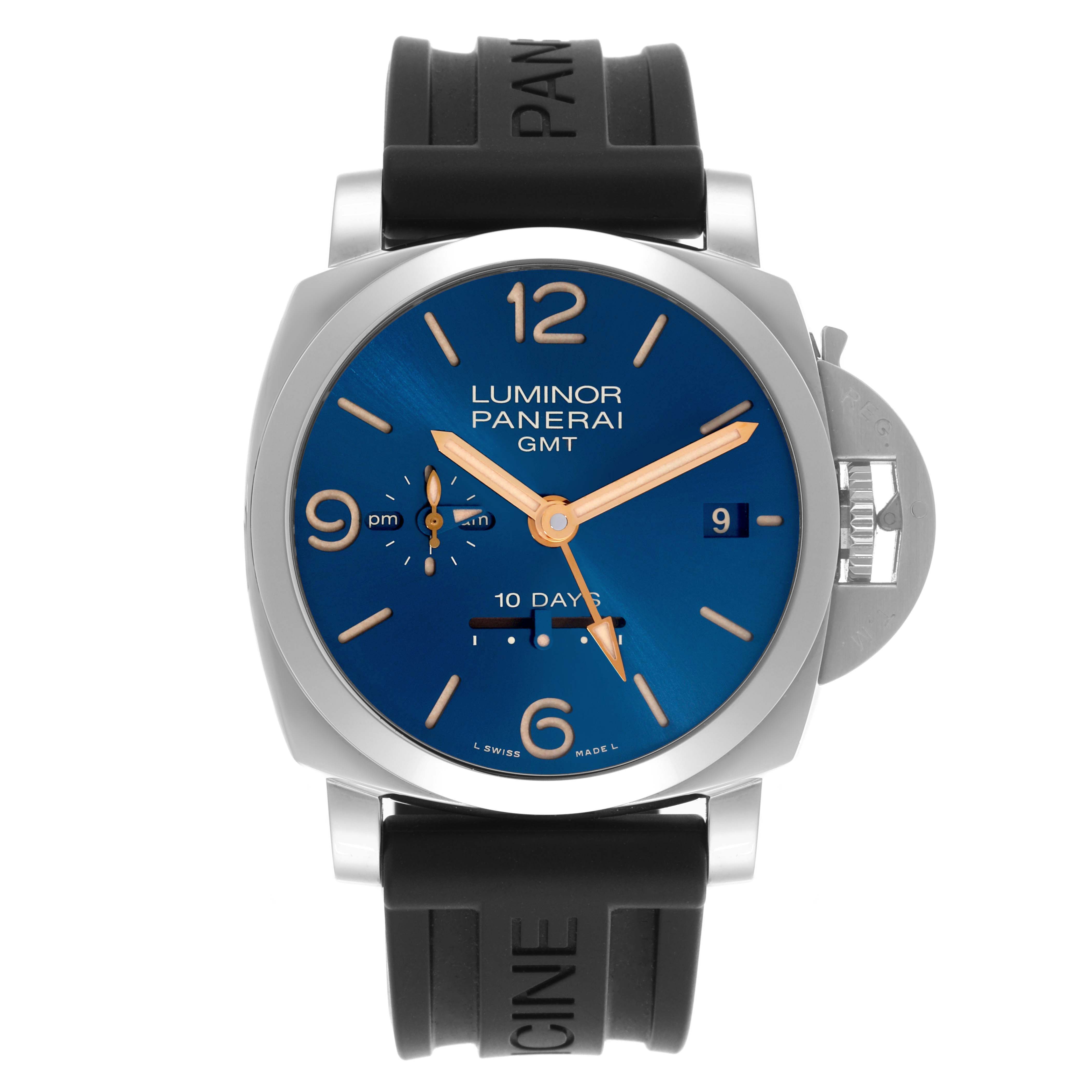 The Panerai Luminor PAM00689 Men's Stainless Steel Blue Dial watch is shown front-facing, displaying the dial, case, crown guard, and rubber strap.