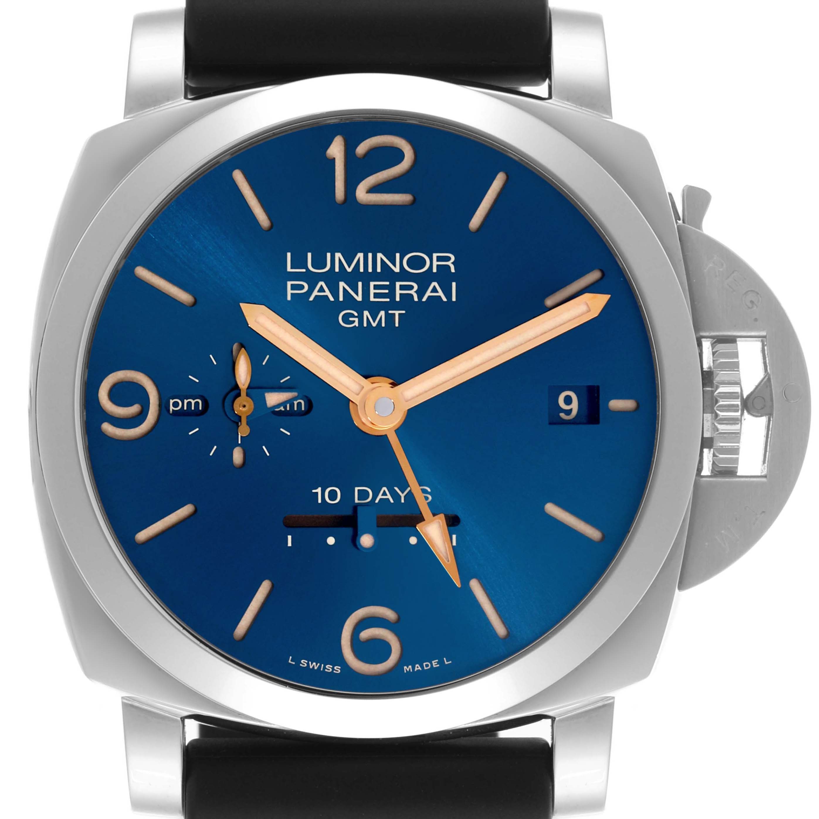 The Panerai Luminor PAM00689 Men's Stainless Steel Blue Dial watch is shown from the front, displaying the dial, hands, date, and winding crown.