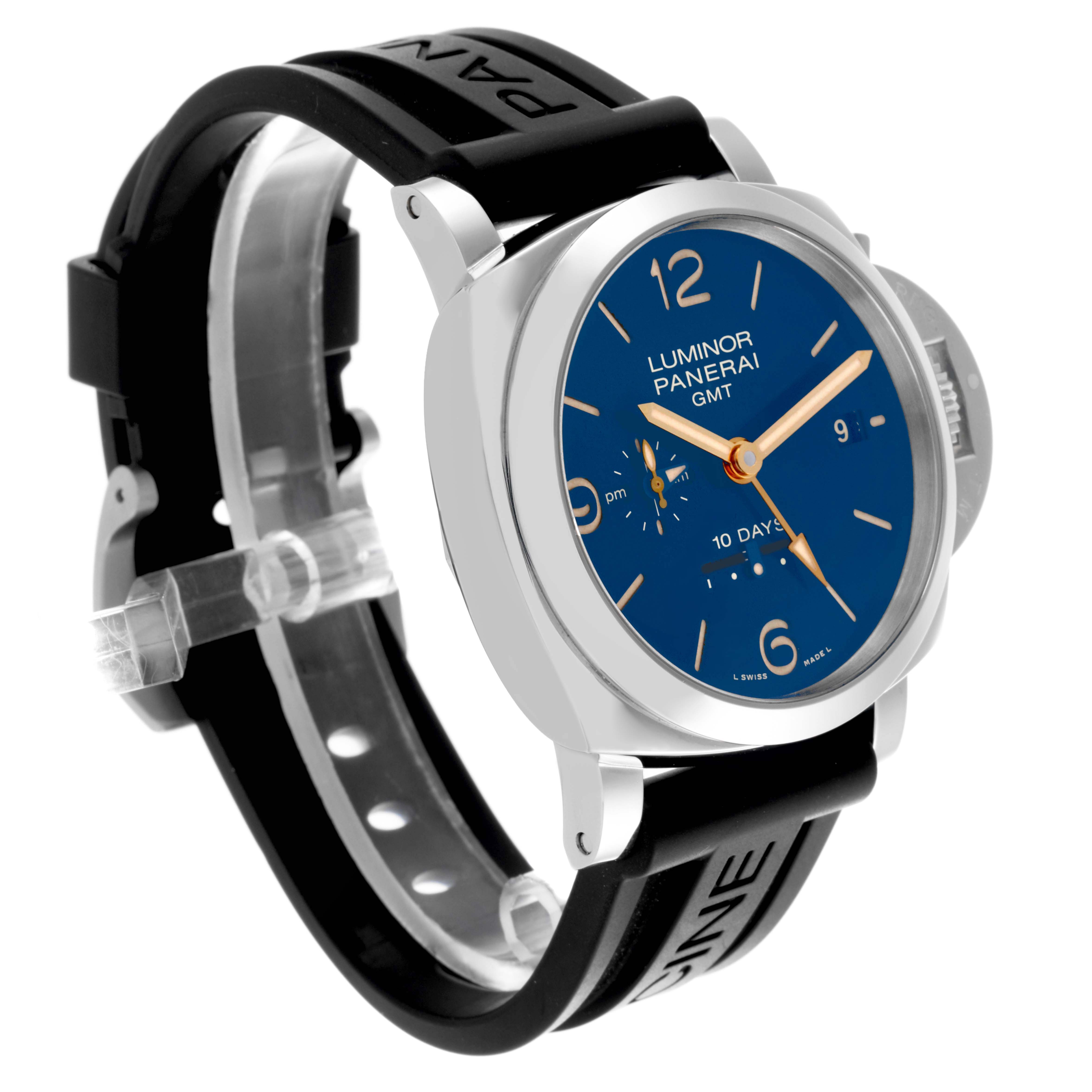 The Panerai Luminor PAM00689 Men's Stainless Steel Blue Dial model is shown at a slight angle, displaying the front dial, crown, and part of the strap.