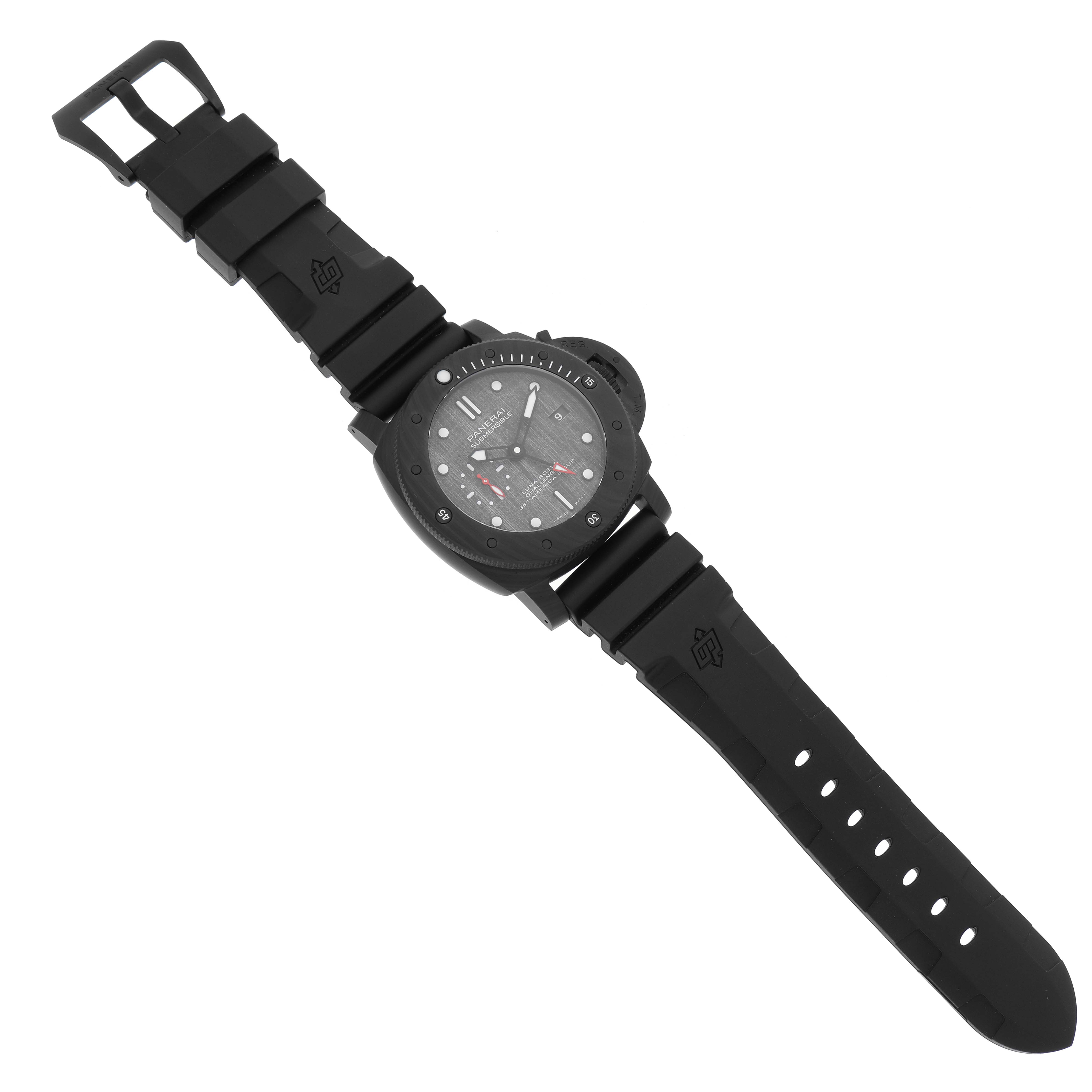 The Panerai Submersible PAM01039 Men's Ceramic Black Dial PAM01039 Men's Ceramic Black Dial watch is shown from a top-down angle, displaying its face, bezel, and rubber strap.