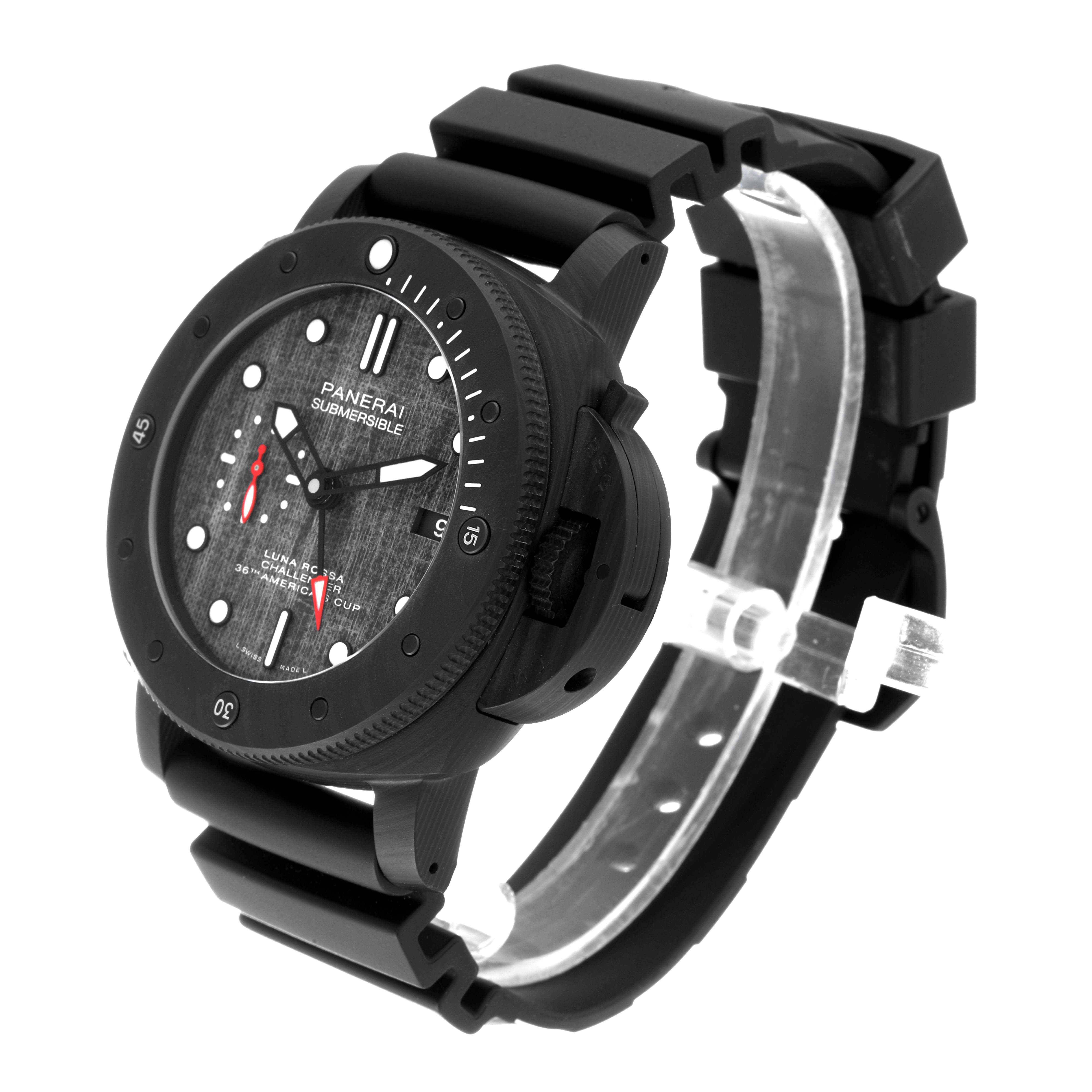 The Panerai Submersible PAM01039 Men's Ceramic Black Dial PAM01039 Men's Ceramic Black Dial watch is shown at an angled view, highlighting its dial, bezel, and rubber strap.