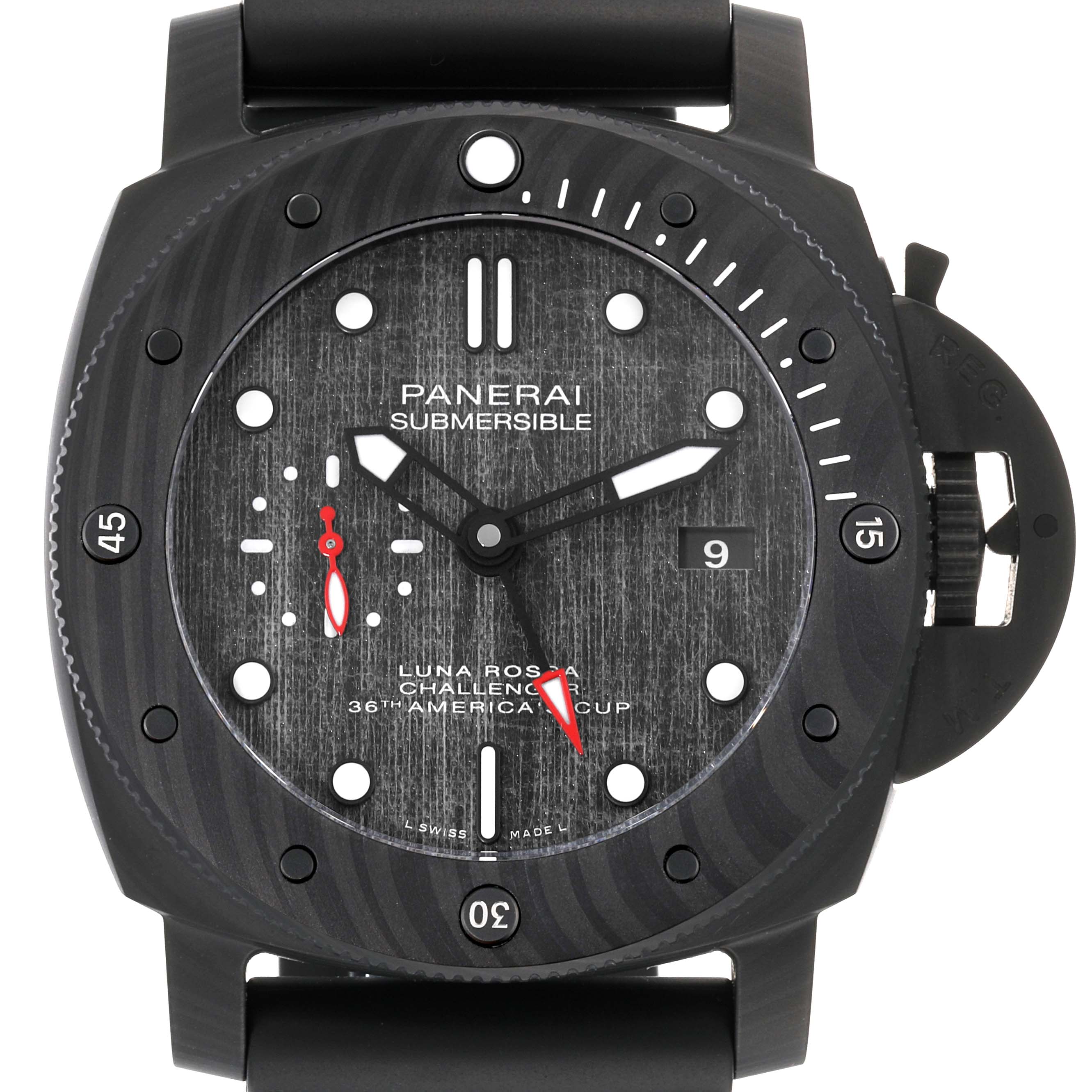 The image shows a front view of the dial and bezel of the Panerai Submersible PAM01039 Men's Ceramic Black Dial PAM01039 Men's Ceramic Black Dial watch.
