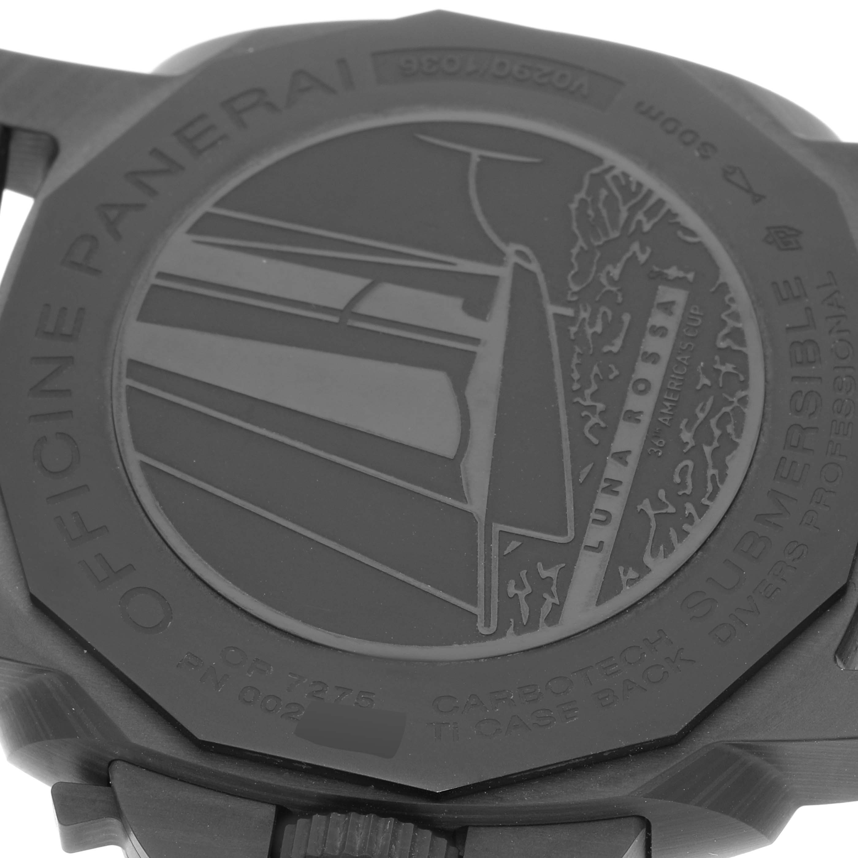 The image shows the back case of a Panerai Submersible PAM01039 Men's Ceramic Black Dial PAM01039 Men's Ceramic Black Dial watch, highlighting its engravings and design details.