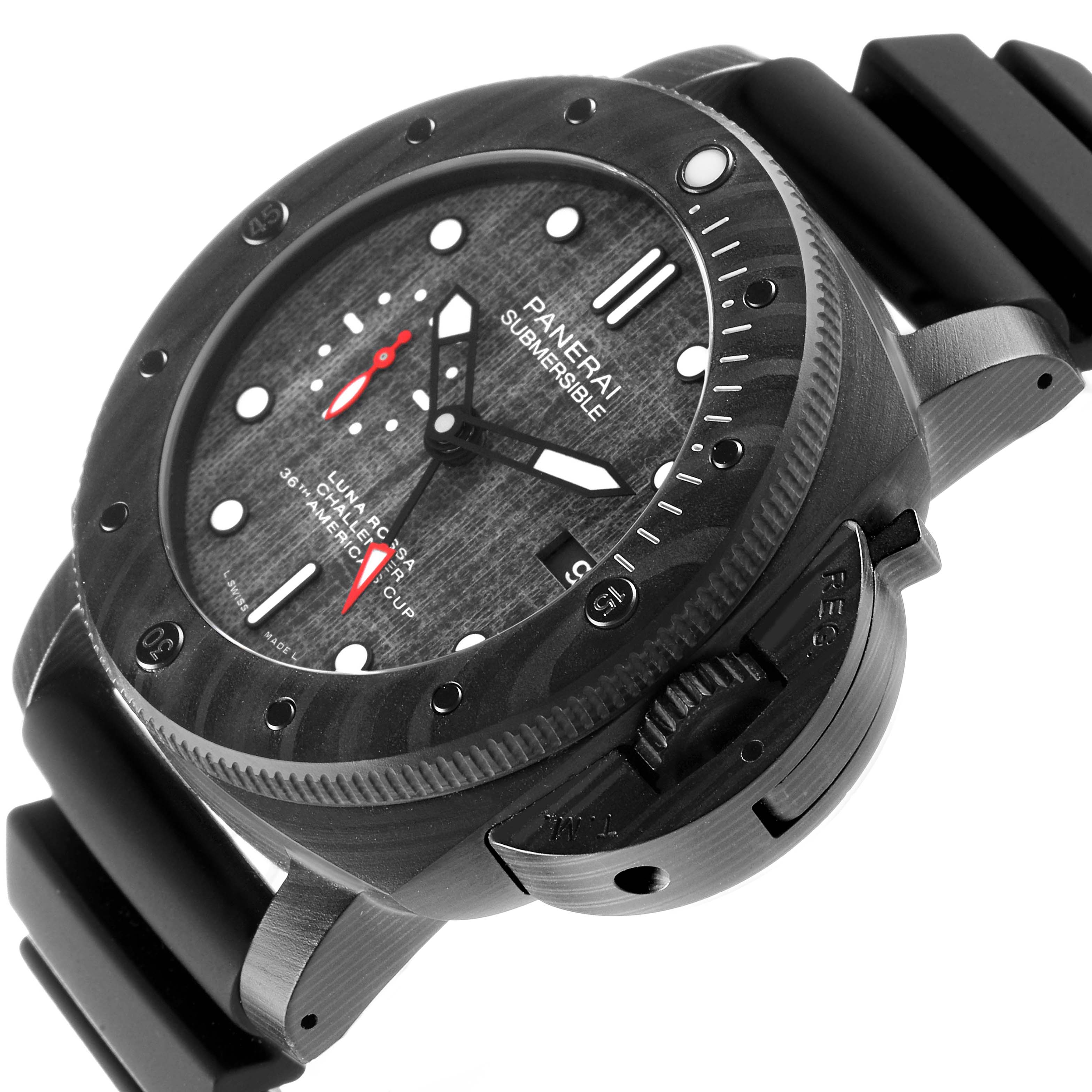 The image shows a Panerai Submersible PAM01039 Men's Ceramic Black Dial watch at a slight side angle, highlighting the face, bezel, and distinctive crown guard.