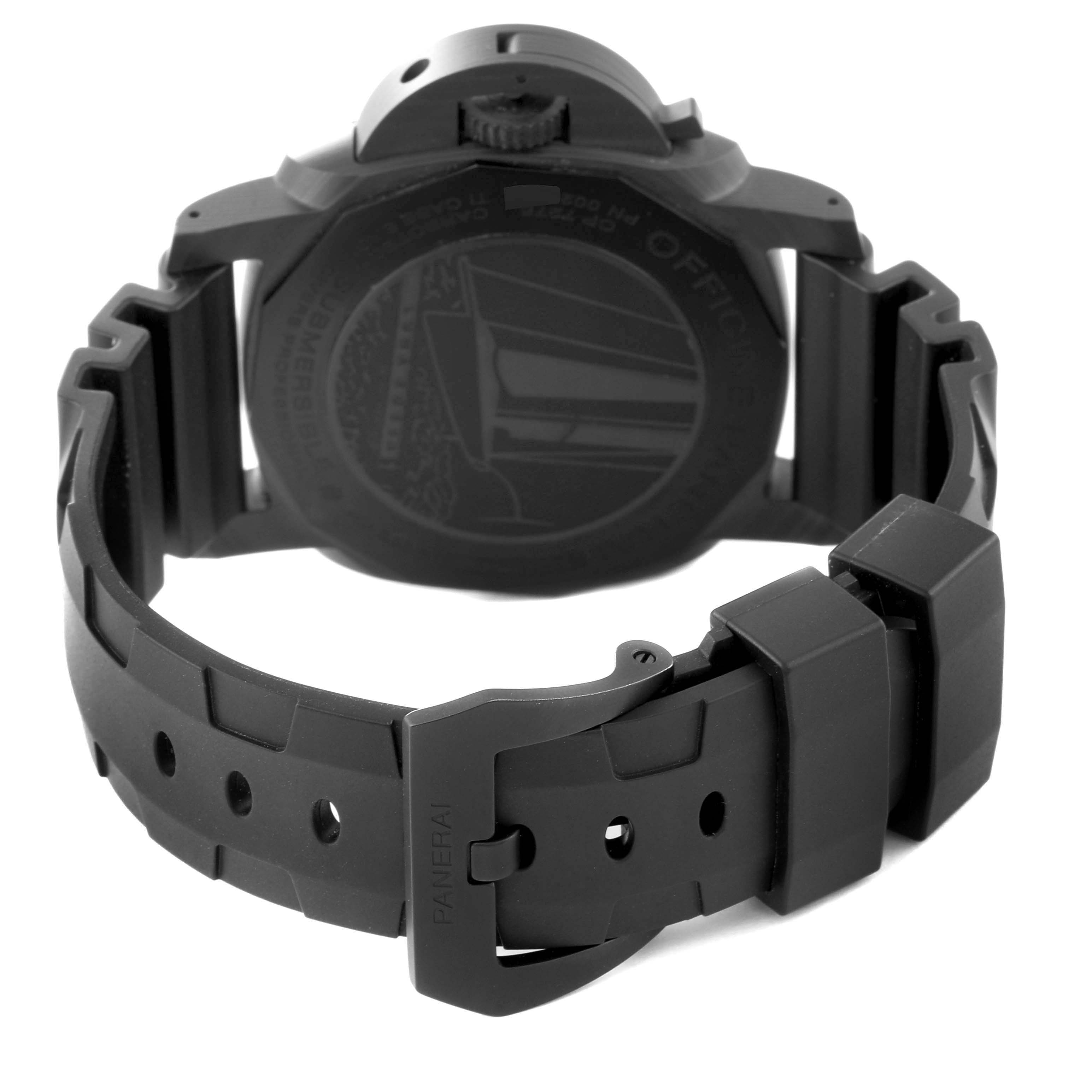 The image shows the back case and strap of a Panerai Submersible PAM01039 Men's Ceramic Black Dial watch, viewed from a rear angle.