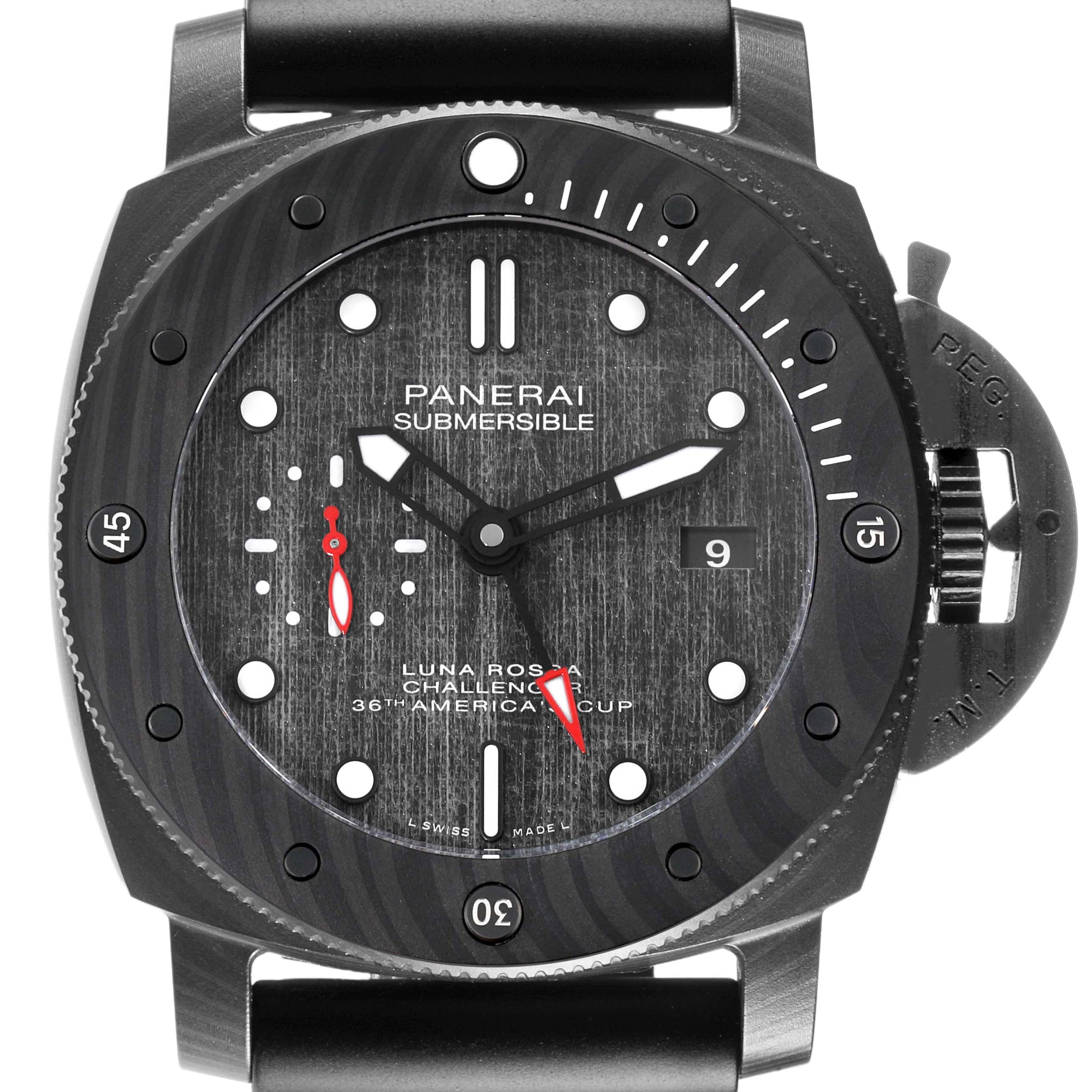The image shows a front view of the Panerai Submersible PAM01039 Men's Ceramic Black Dial watch, highlighting its dial, bezel, and crown guard.