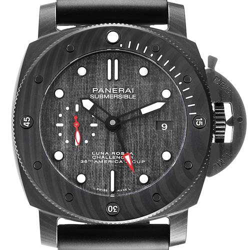 The Panerai Submersible PAM01039 Men's Ceramic Black Dial is shown from a front angle, highlighting the dial, bezel, crown guard, and strap.