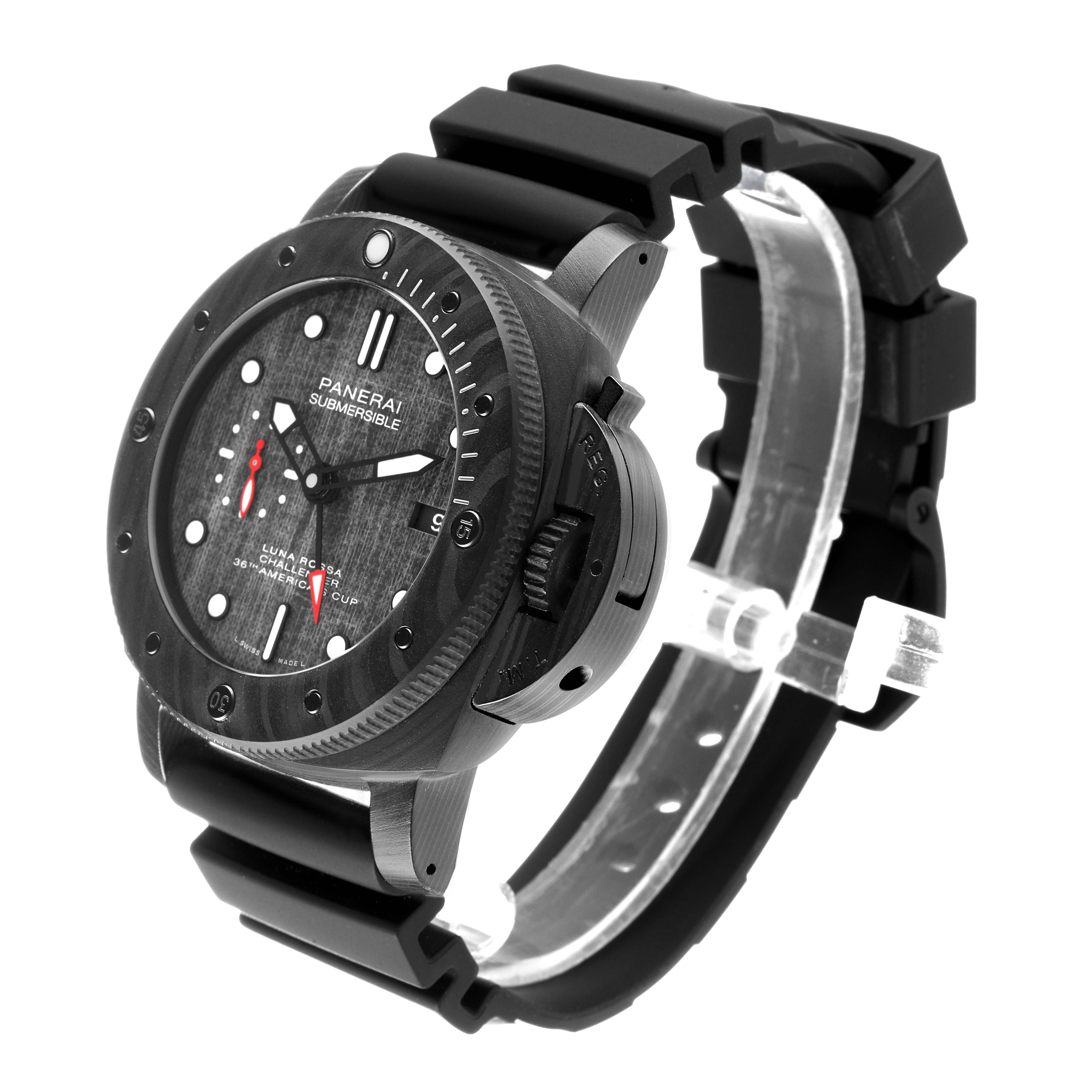 The Panerai Submersible PAM01039 Men's Ceramic Black Dial watch is shown at an angle highlighting the dial, bezel, crown guard, and rubber strap.