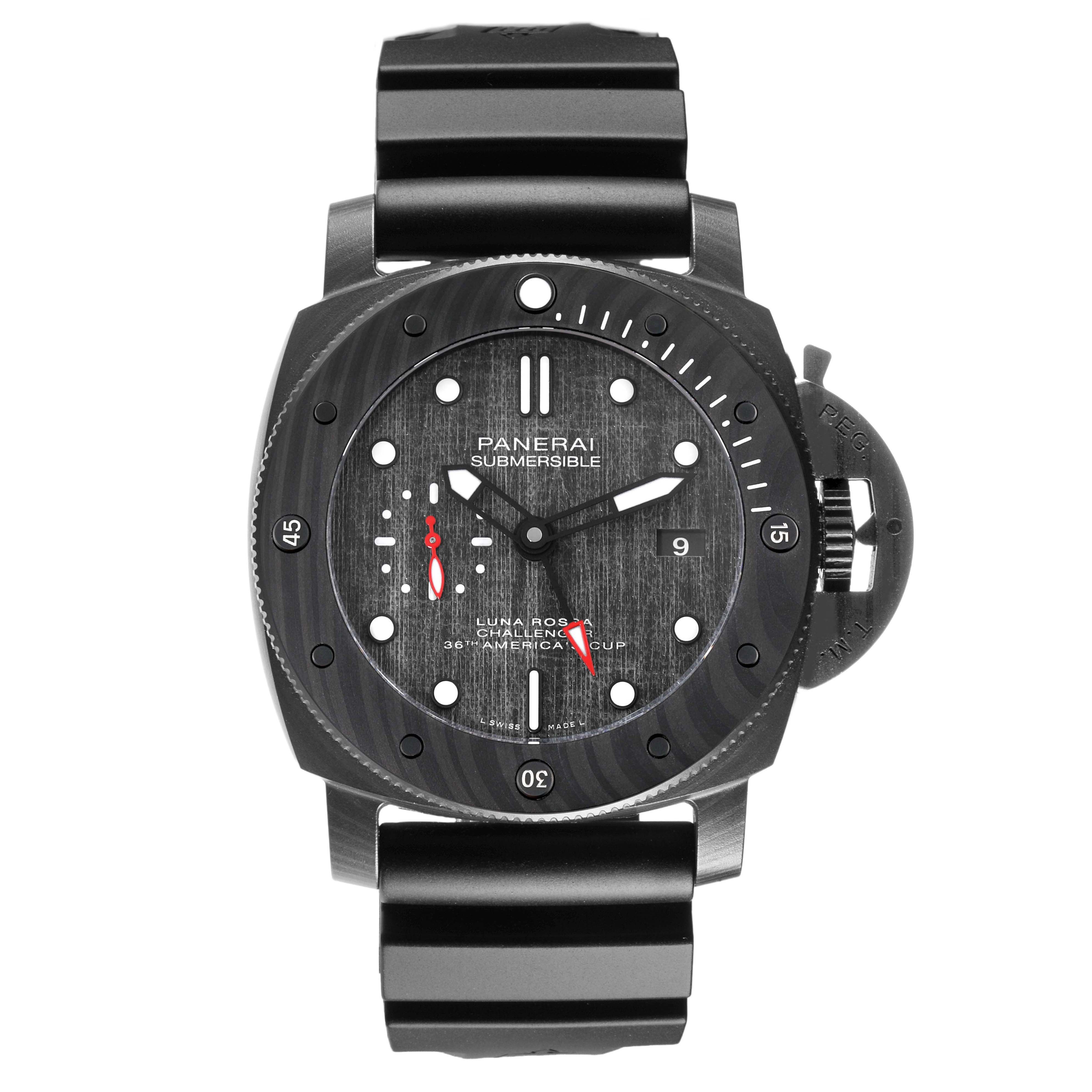 The Panerai Submersible PAM01039 Men's Ceramic Black Dial watch is shown from a top-down angle, highlighting the face, bezel, and strap.