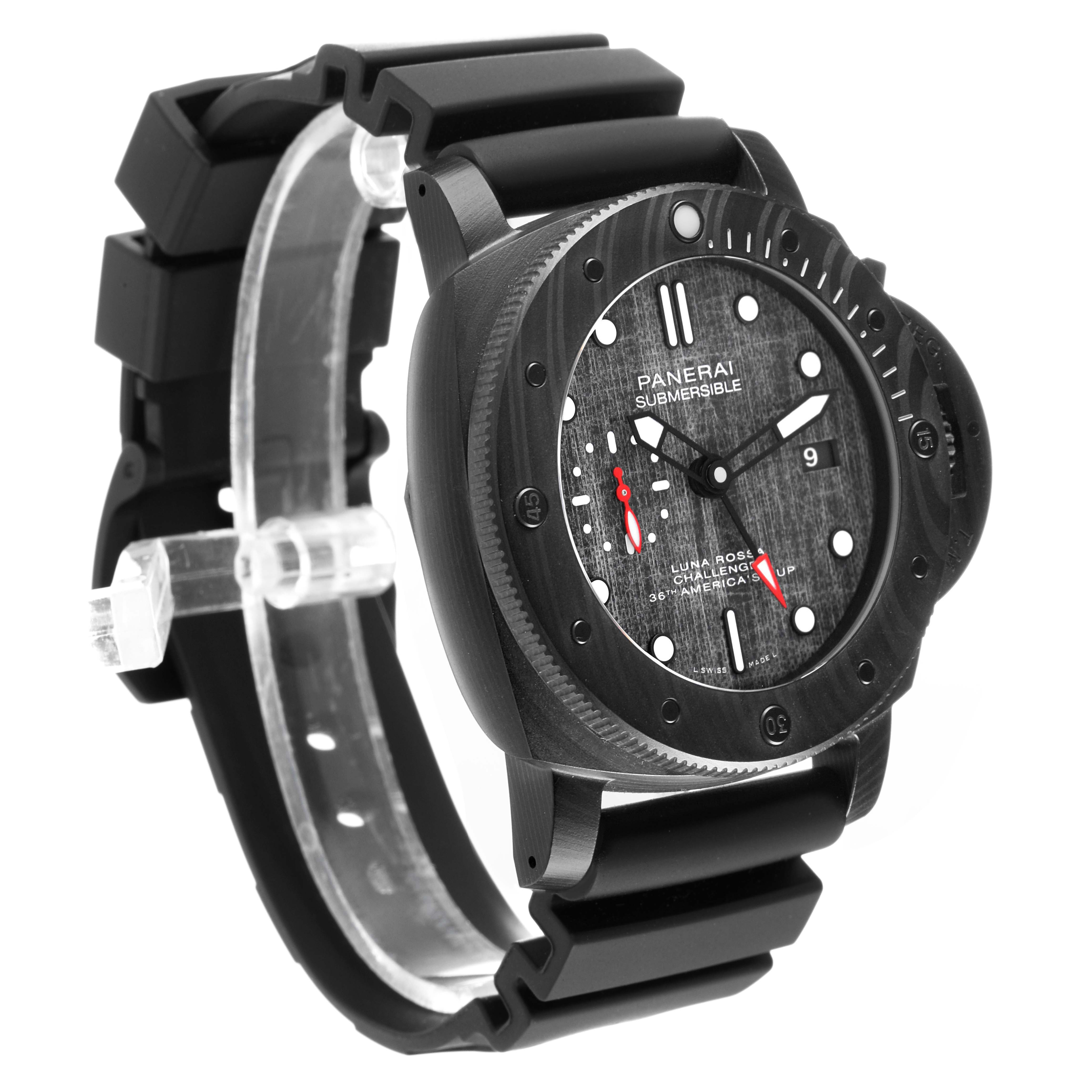 The Panerai Submersible PAM01039 Men's Ceramic Black Dial is shown from a slight side angle, highlighting its face, bezel, and strap.