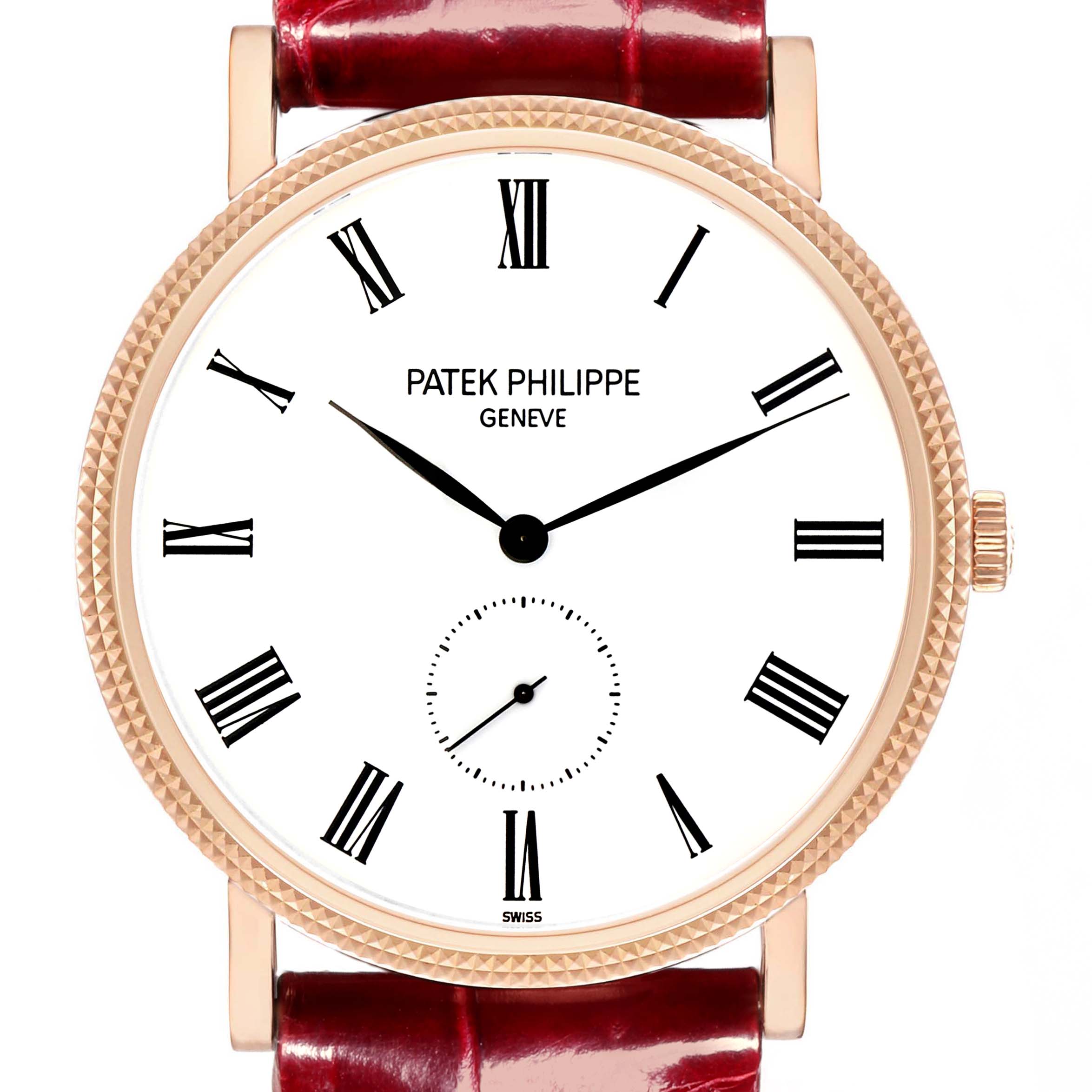 The Patek Philippe Calatrava 5119R-001 Men's Rose Gold White Dial 5119R-001 Men's Rose Gold White Dial watch is shown from the front, displaying the dial, hands, crown, and part of the leather strap.