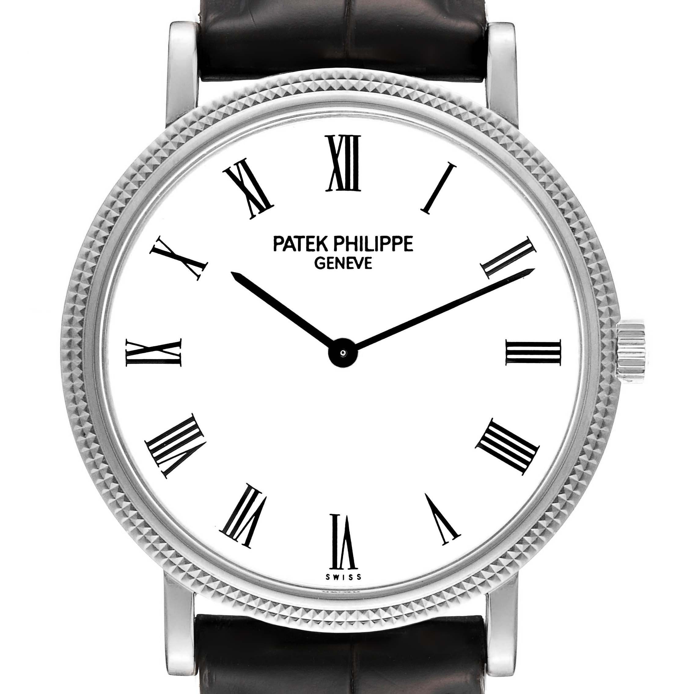 The image shows a Patek Philippe Calatrava 5120G Men's White Gold White Dial 5120G Men's White Gold White Dial watch from the front, displaying the dial, hands, crown, and part of the strap.