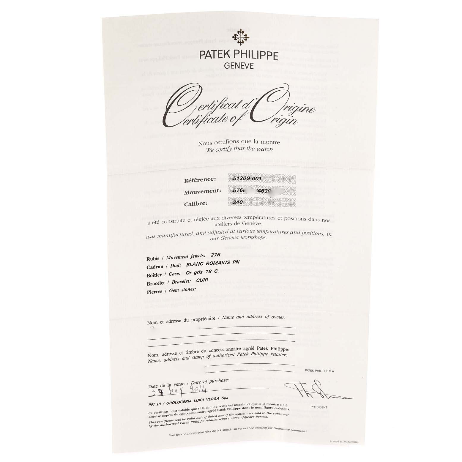 The image shows the Certificate of Origin for the Patek Philippe Calatrava 5120G Men's White Gold White Dial 5120G Men's White Gold White Dial model watch, detailing its specifications and purchase information.