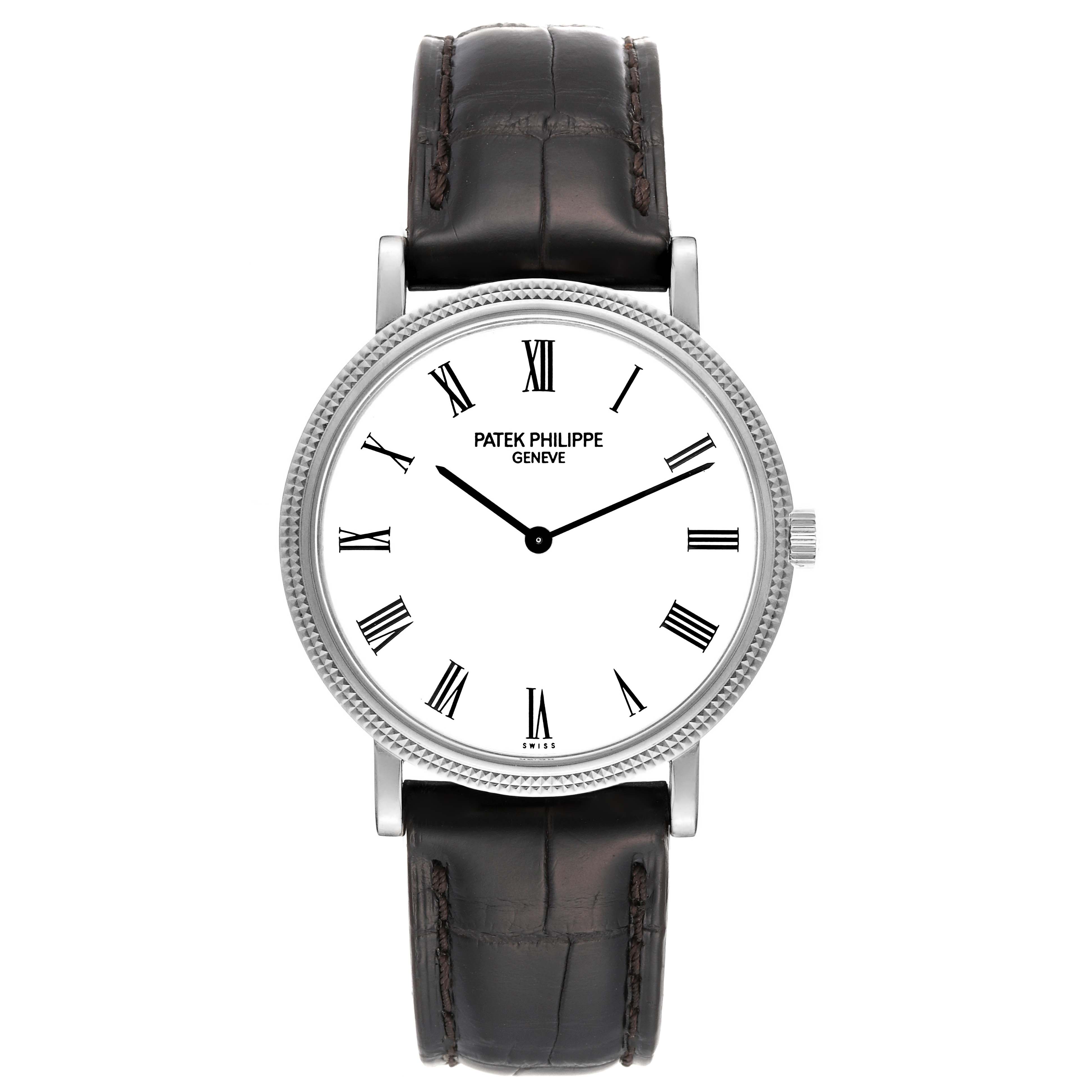 This image displays a Patek Philippe Calatrava 5120G Men's White Gold White Dial 5120G Men's White Gold White Dial watch from a front-facing angle, showing the dial, bezel, and leather strap.