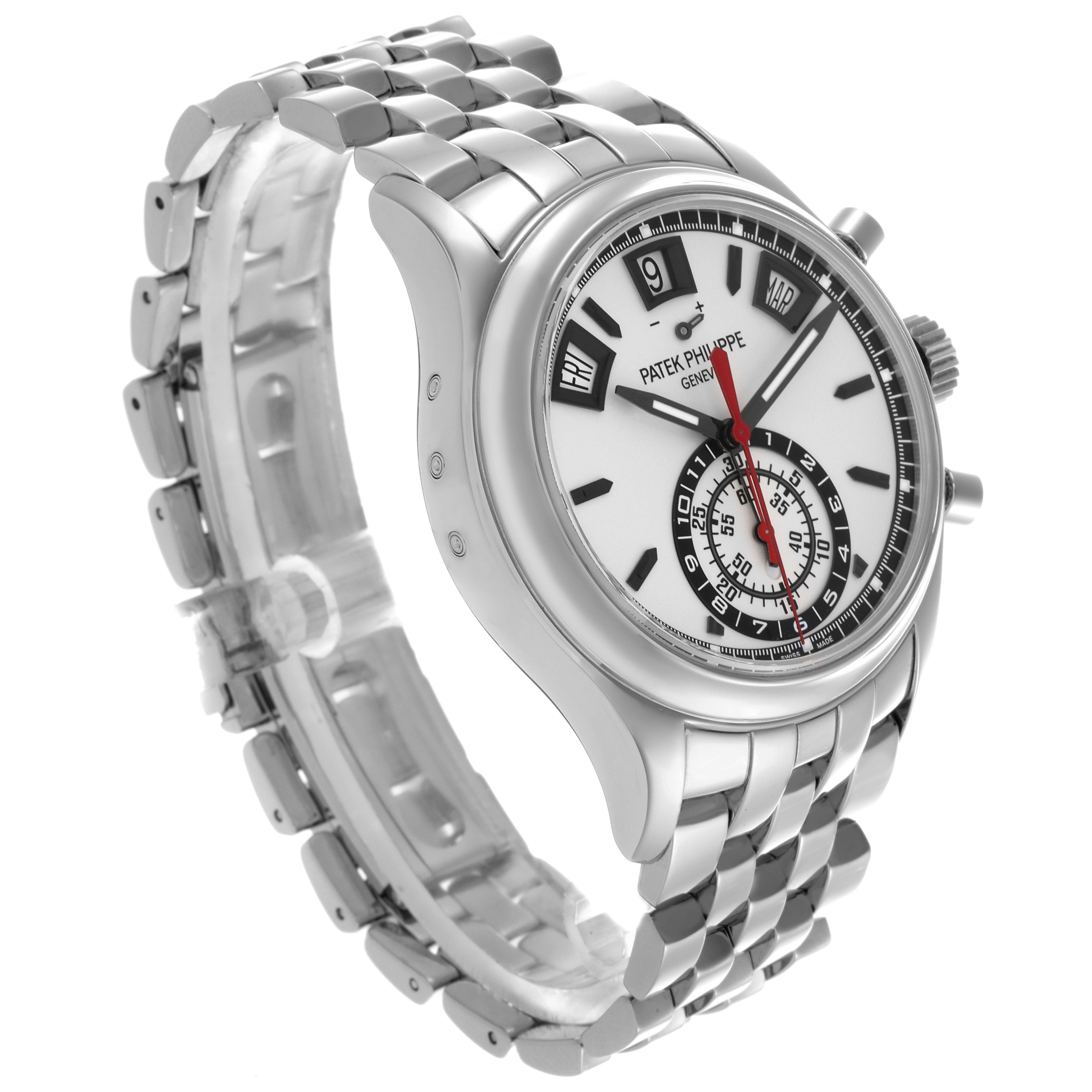 The image shows a Patek Philippe Complications 5960/1A Men's Stainless Steel White Dial 5960/1A Men's Stainless Steel White Dial watch at a three-quarter angle, highlighting the face, bezel, and bracelet.