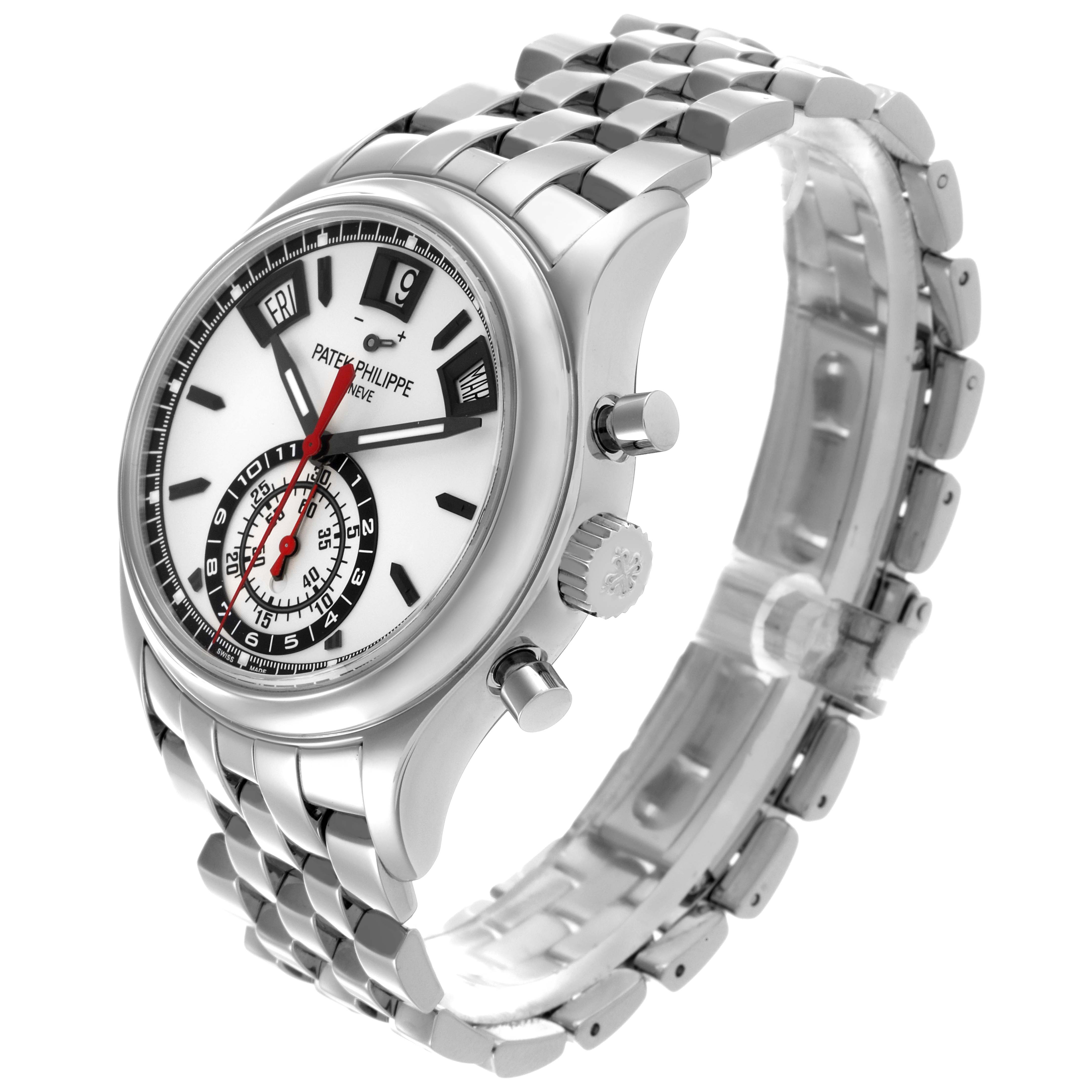 The Patek Philippe Complications 5960/1A Men's Stainless Steel White Dial 5960/1A Men's Stainless Steel White Dial watch is shown at a three-quarter angle, highlighting the face, crown, and metal bracelet.