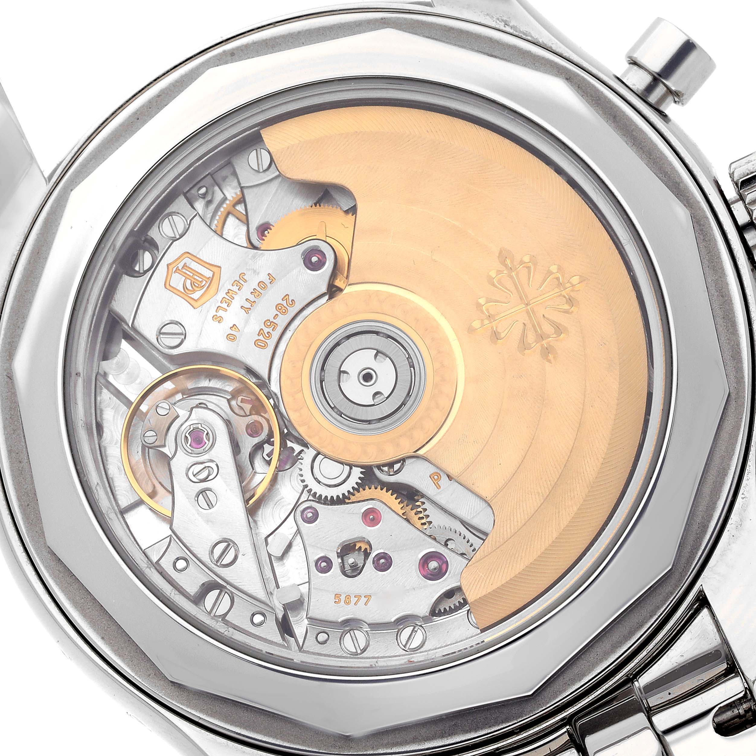 This image shows the case back of the Patek Philippe Complications 5960/1A Men's Stainless Steel White Dial 5960/1A Men's Stainless Steel White Dial watch, highlighting its intricate movement and rotor.