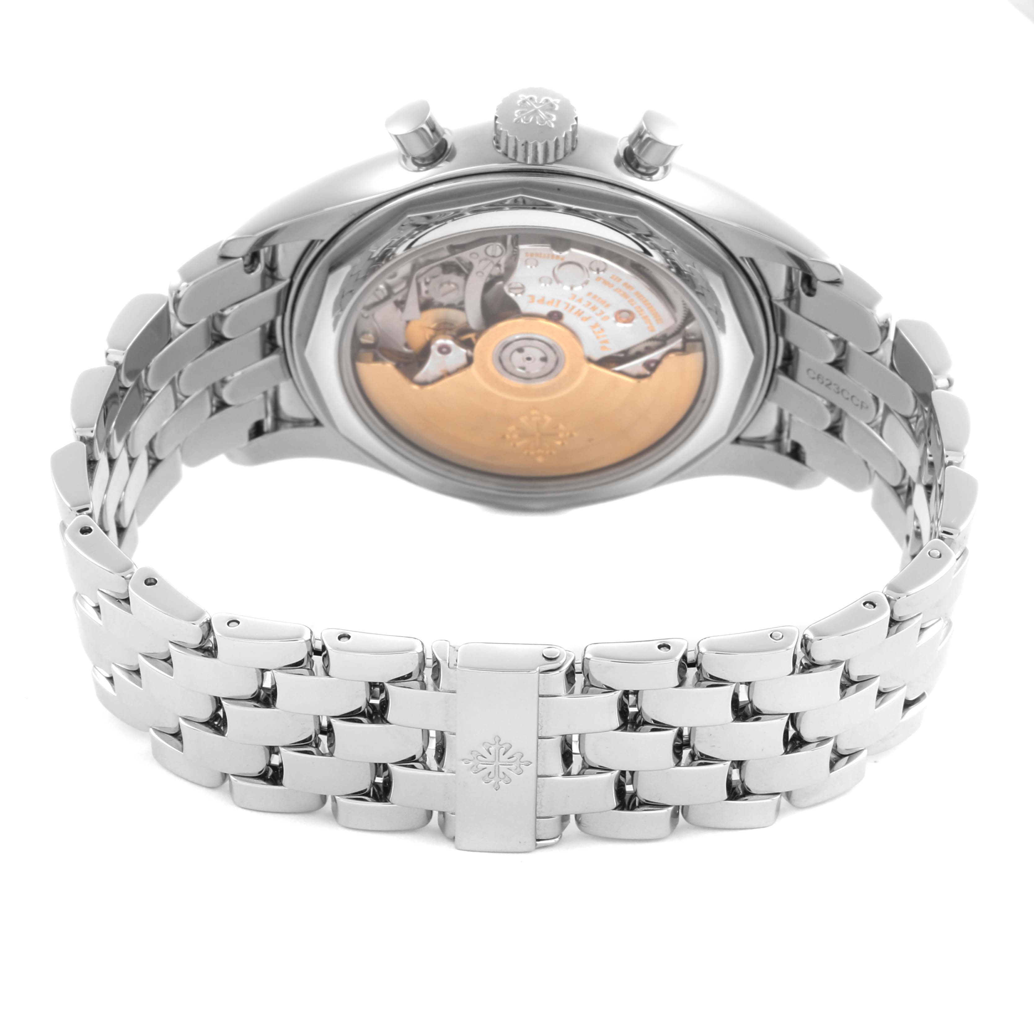 The image shows the back angle of a Patek Philippe Complications 5960/1A Men's Stainless Steel White Dial 5960/1A Men's Stainless Steel White Dial watch, highlighting the bracelet and transparent case back.