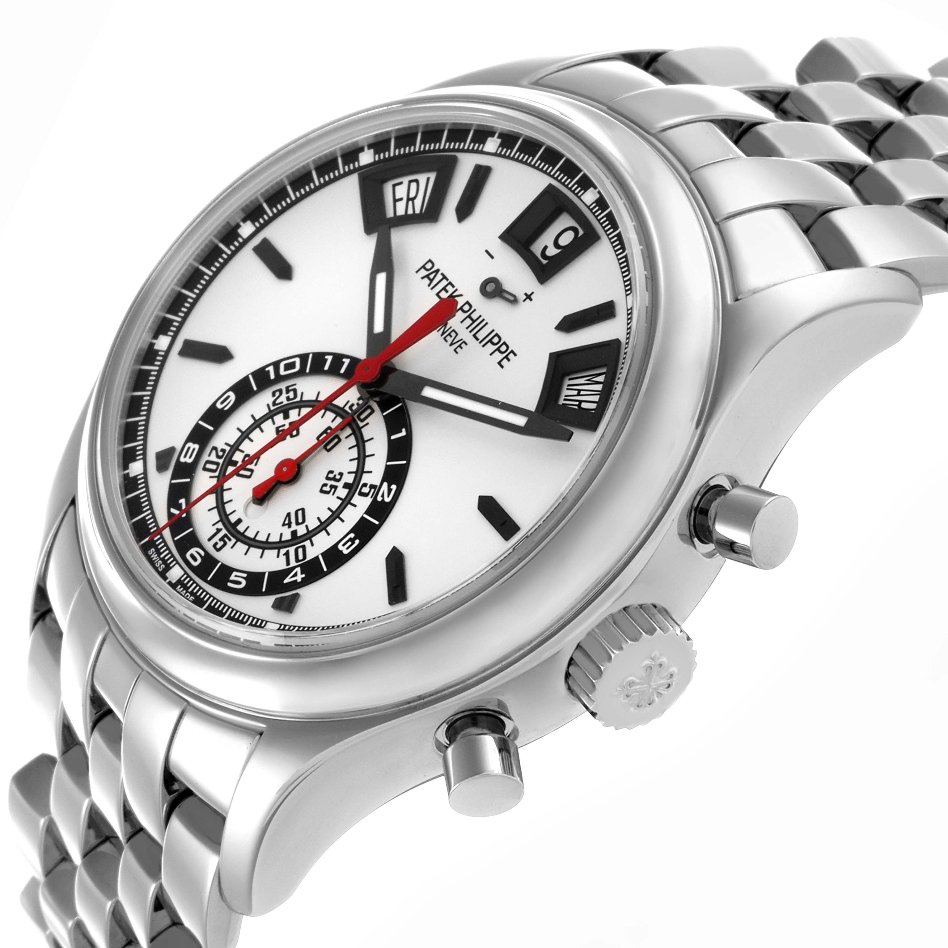 The Patek Philippe Complications 5960/1A Men's Stainless Steel White Dial 5960/1A Men's Stainless Steel White Dial watch is shown at a three-quarter angle, highlighting the face, crown, and side buttons.