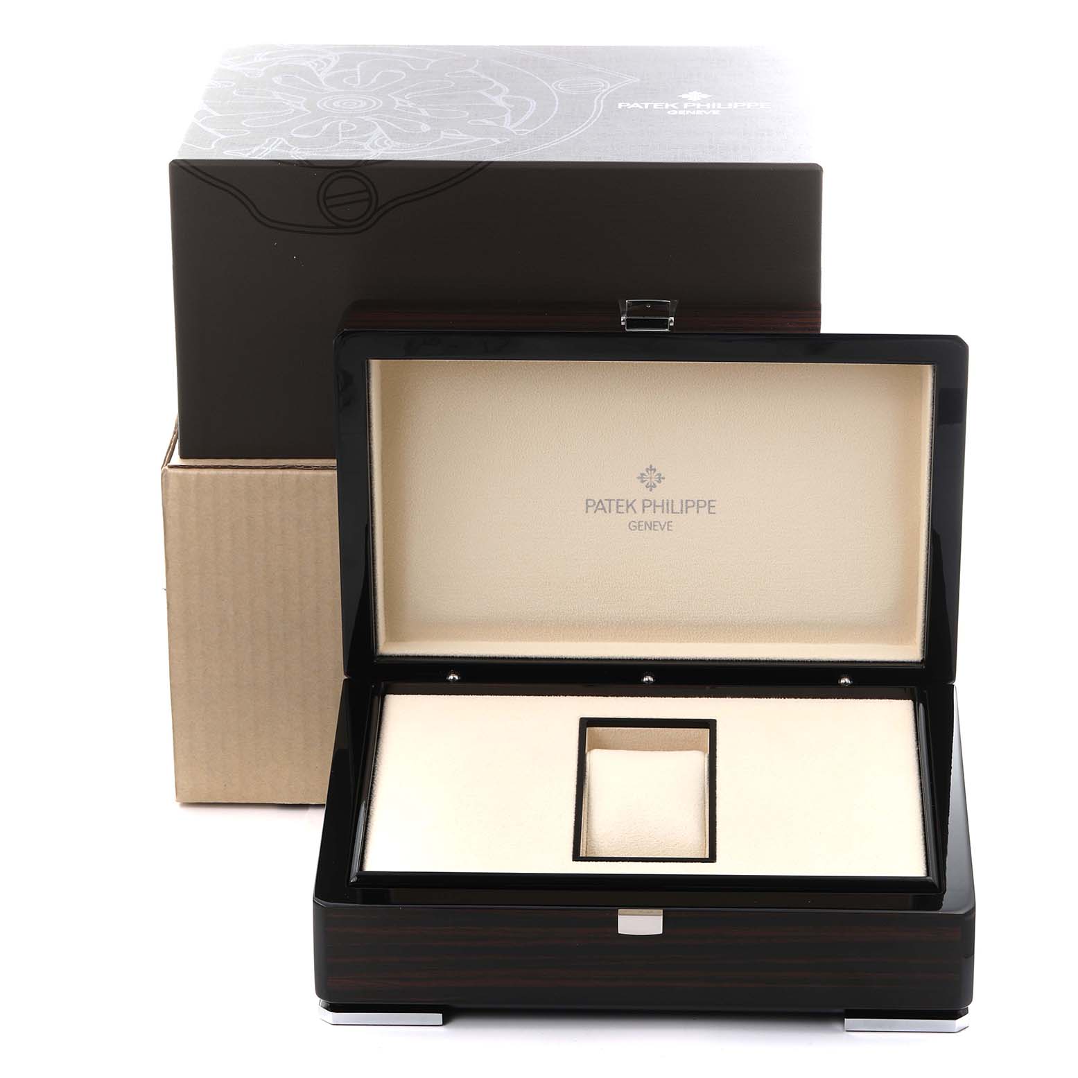 The image shows an open Patek Philippe Complications 5960/1A Men's Stainless Steel White Dial 5960/1A Men's Stainless Steel White Dial watch box from a direct front angle, highlighting its luxury presentation.