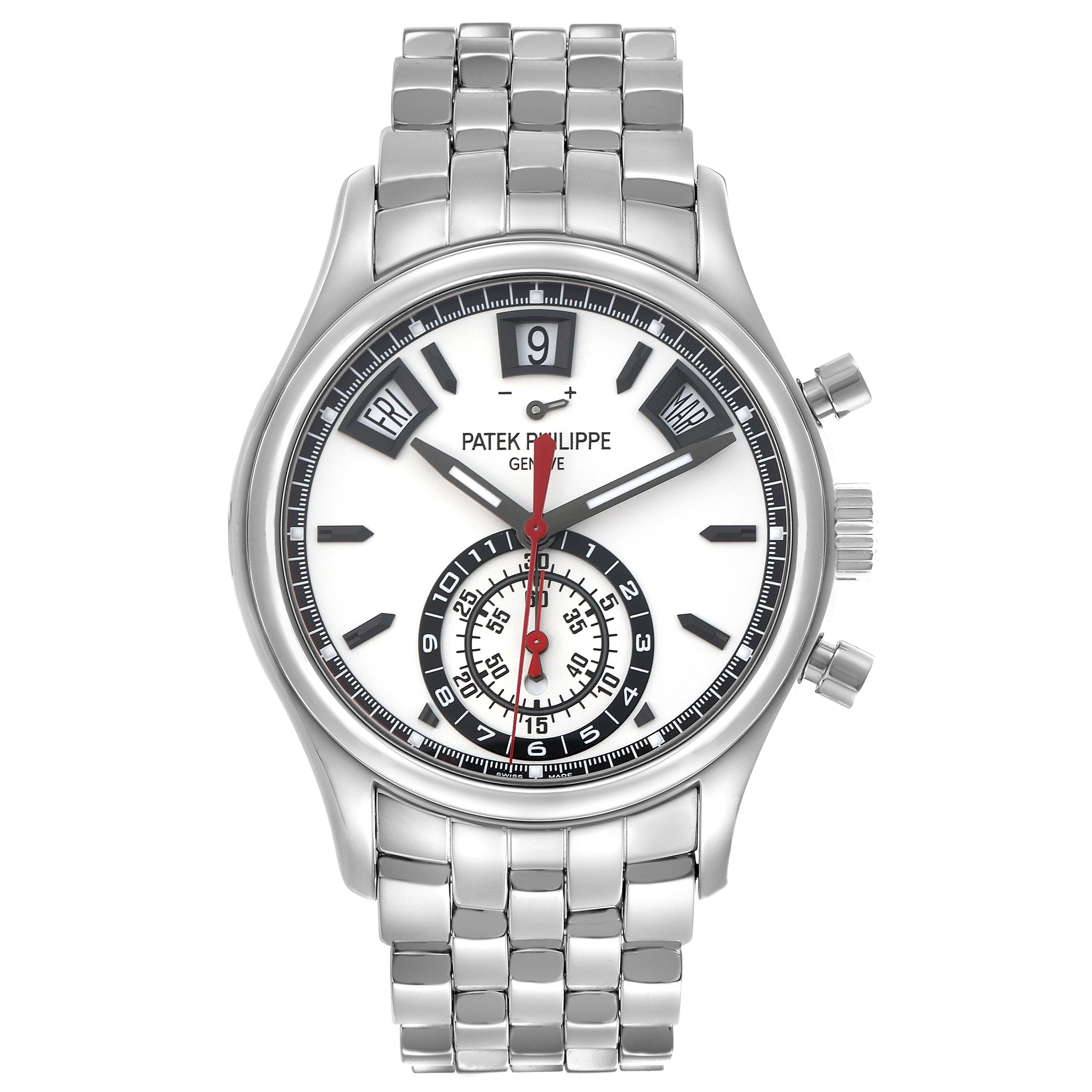 The Patek Philippe Complications 5960/1A Men's Stainless Steel White Dial 5960/1A Men's Stainless Steel White Dial watch is shown from a front angle, displaying the face, dial, and metal bracelet.
