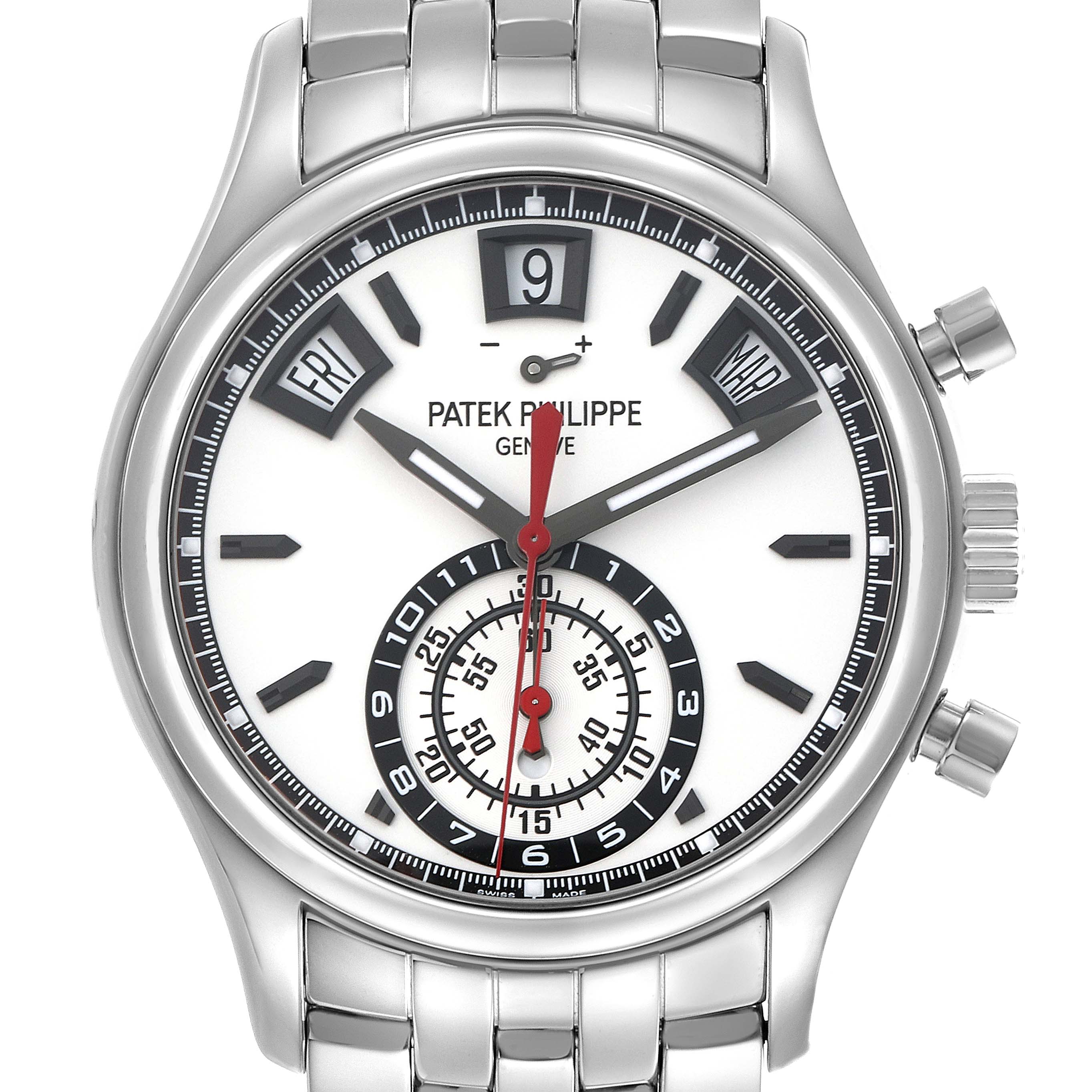 The Patek Philippe Complications 5960/1A Men's Stainless Steel White Dial 5960/1A Men's Stainless Steel White Dial watch is shown from the front, displaying its dial, subdials, bracelet, and pushers.