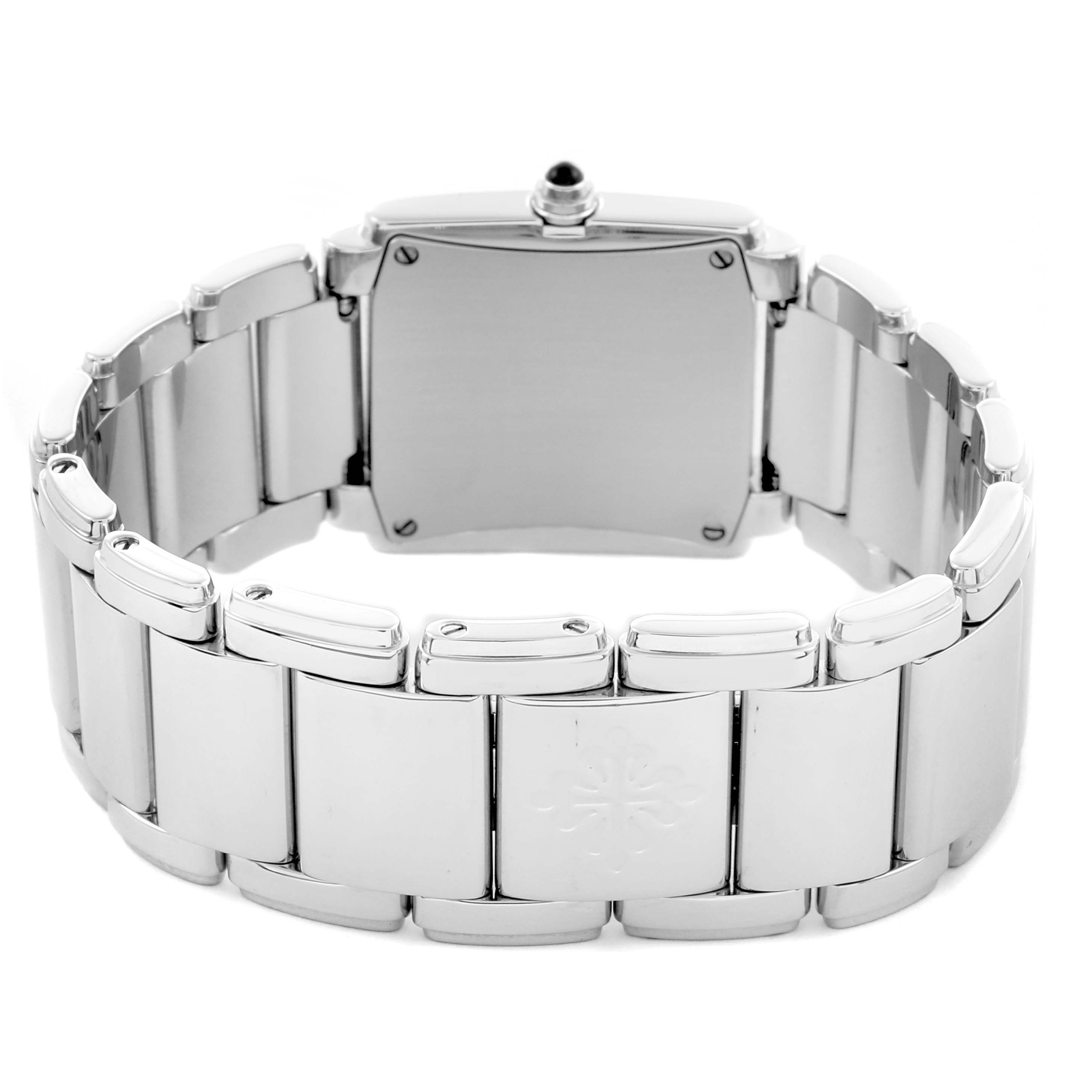 The image shows the back and bracelet of a Patek Philippe Twenty-4 4910/10A-011 Women's Stainless Steel Silver Dial 4910/10A-011 Women's Stainless Steel Silver Dial watch, highlighting its links and clasp.