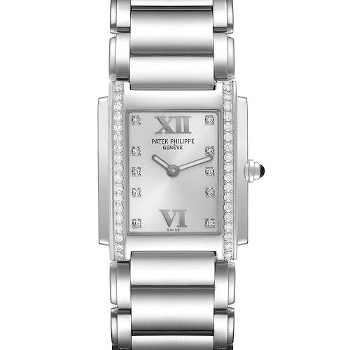 The Patek Philippe Twenty-4 watch is shown from a top-down angle, displaying its face, rectangular case, and metal bracelet.