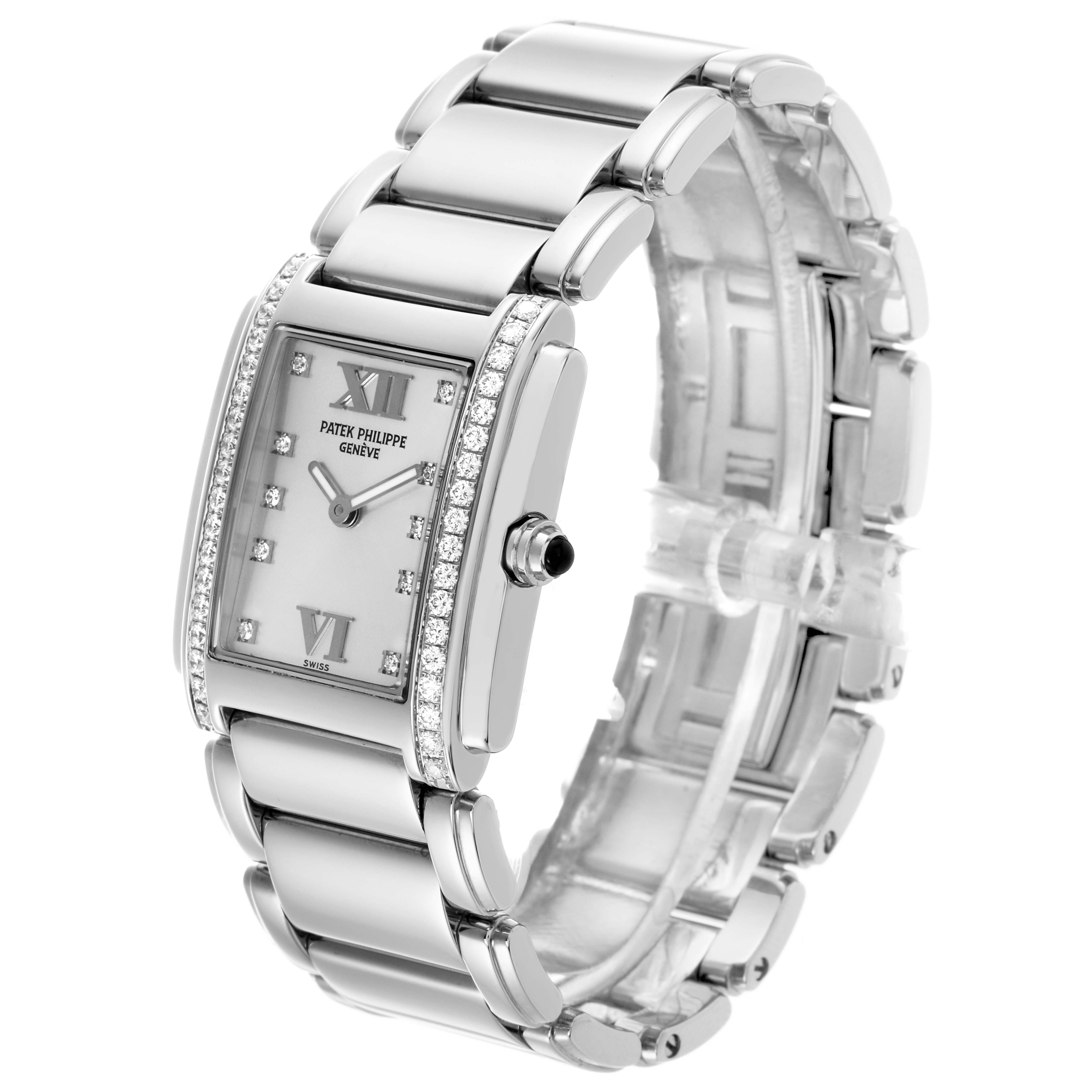The image shows a side angle of the Patek Philippe Twenty-4 4910/10A-011 Women's Stainless Steel Silver Dial 4910/10A-011 Women's Stainless Steel Silver Dial watch, highlighting the bracelet, case, and diamond details.