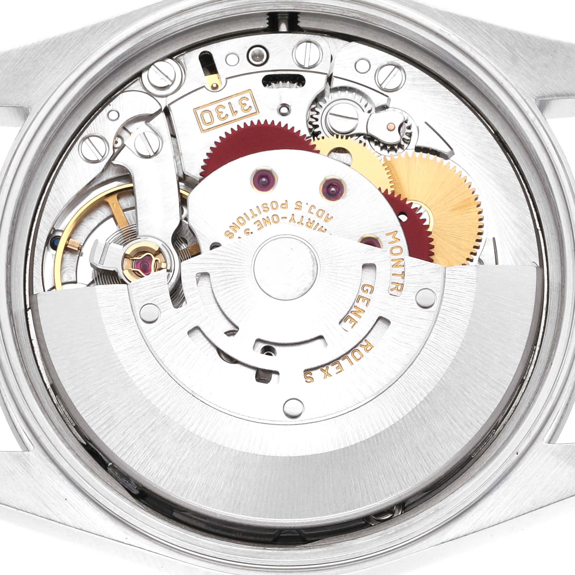 The image shows the internal mechanical movement of a Rolex Air-King 14000 Men's Stainless Steel Blue Dial 14000 Men's Stainless Steel Blue Dial watch from a top-down angle.
