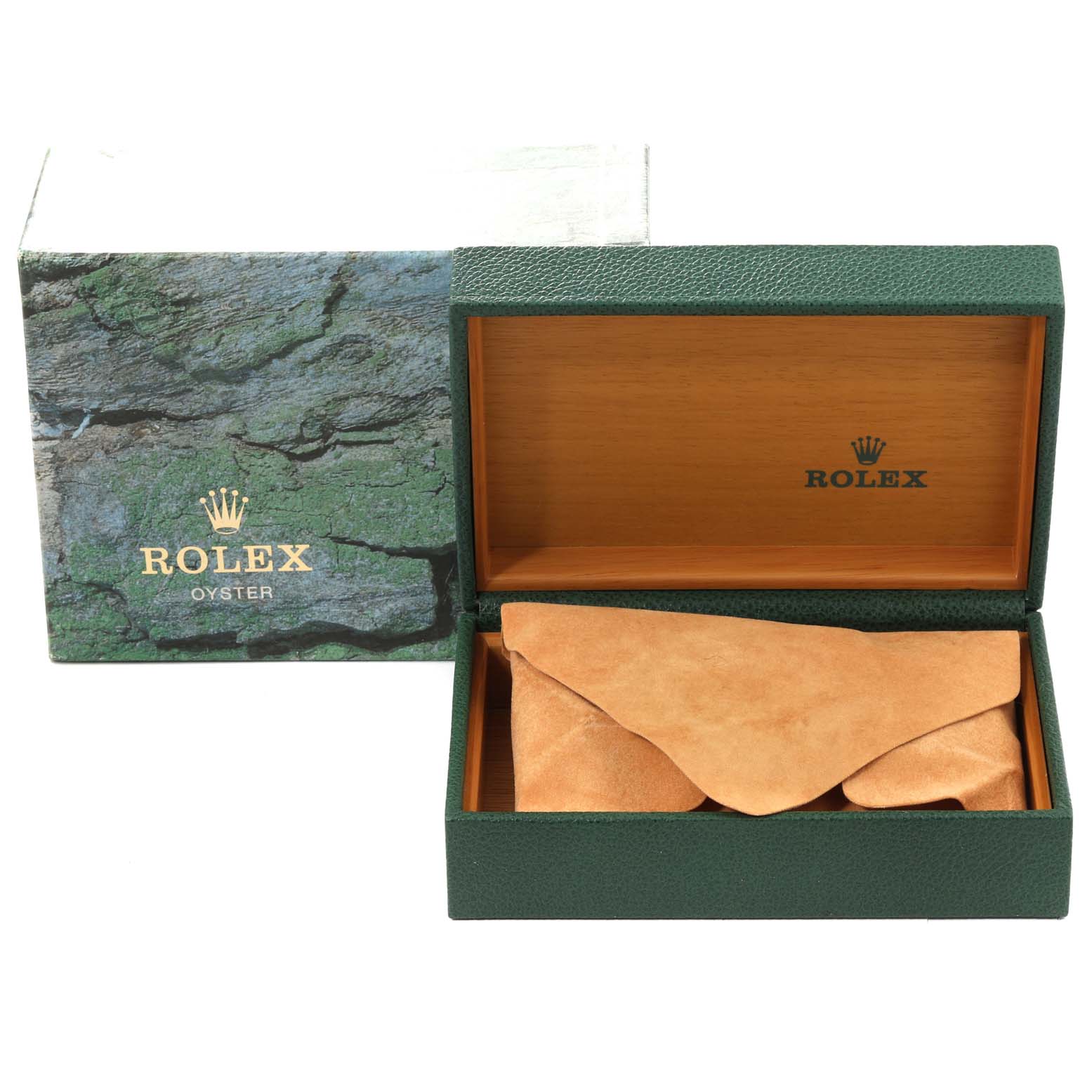 The image shows the box and a suede pouch for the Rolex Air-King 14000 Men's Stainless Steel Blue Dial 14000 Men's Stainless Steel Blue Dial watch, both viewed from the front.