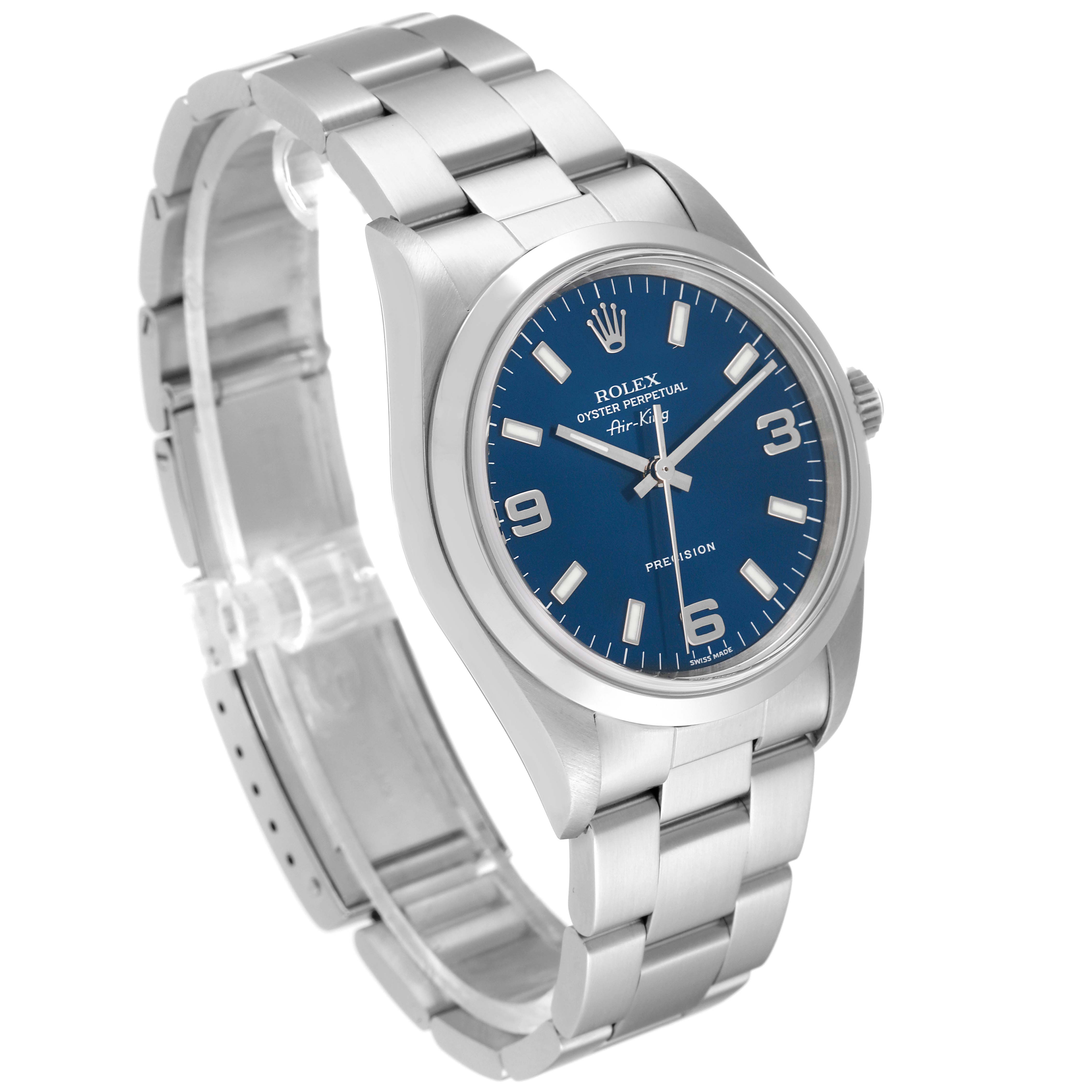 The image shows a side-angle view of the Rolex Air-King 14000 Men's Stainless Steel Blue Dial 14000 Men's Stainless Steel Blue Dial watch displaying its blue dial and metal bracelet.