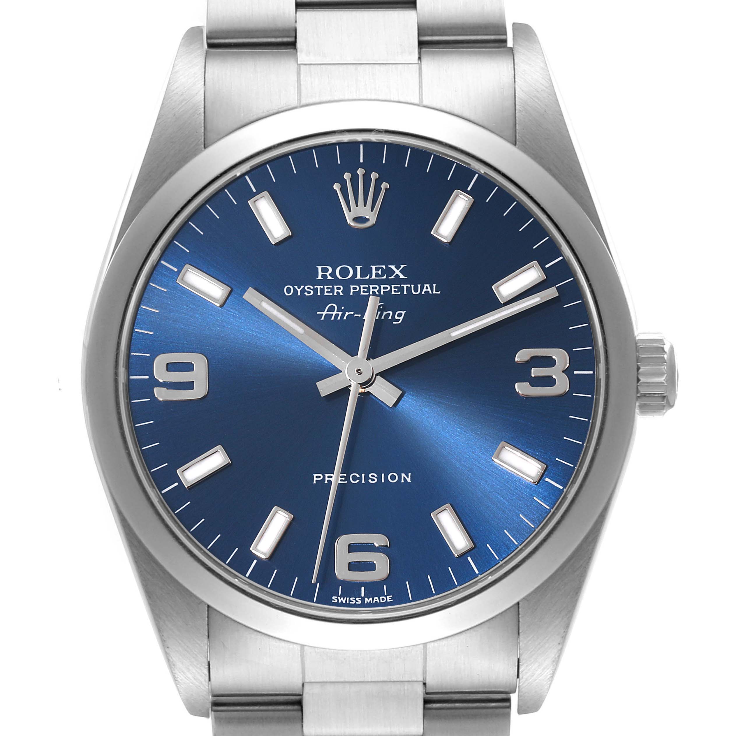 This image shows a front view of the Rolex Air-King 14000 Men's Stainless Steel Blue Dial 14000 Men's Stainless Steel Blue Dial watch, highlighting its blue dial, hands, and bracelet.