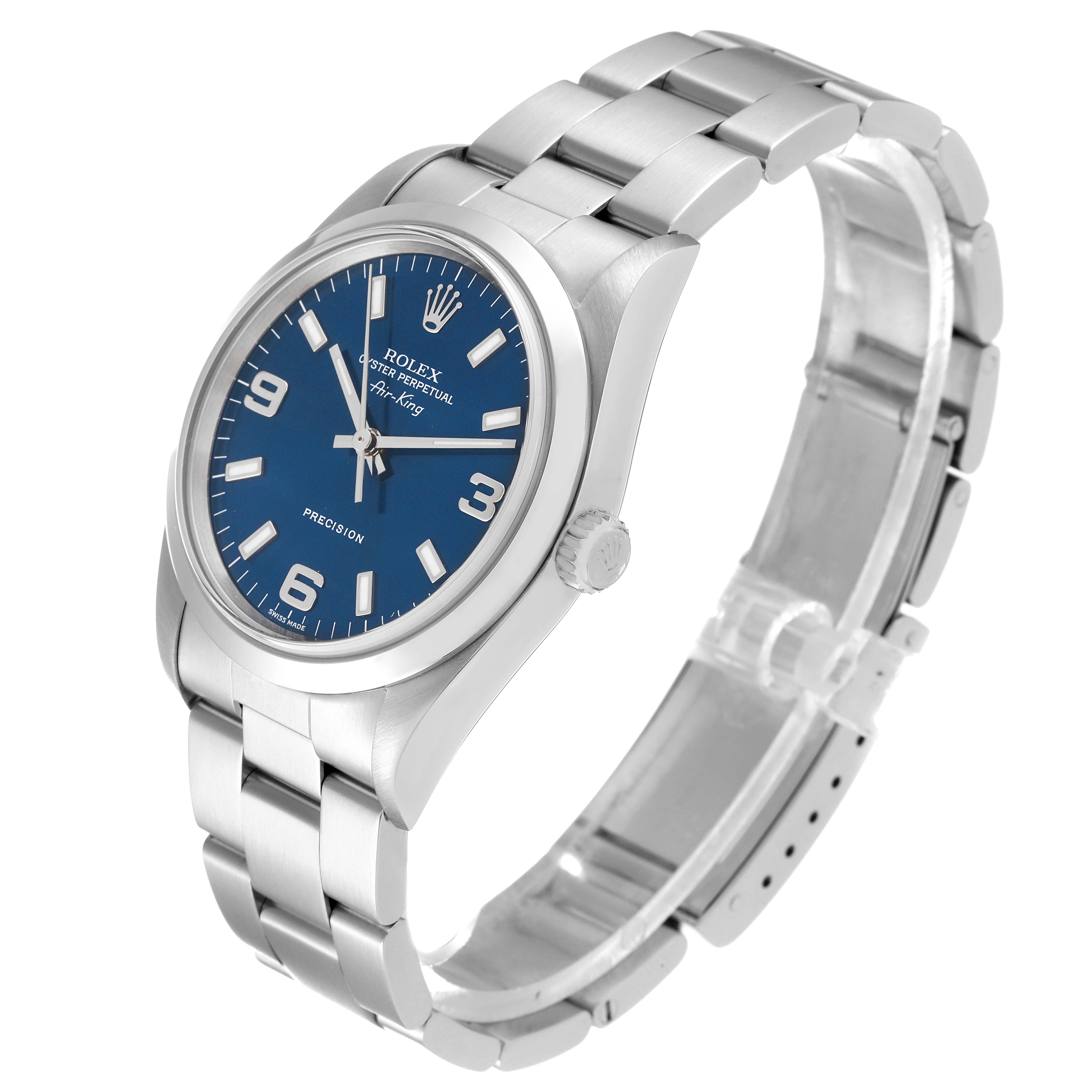 The image shows a Rolex Air-King 14000 Men's Stainless Steel Blue Dial 14000 Men's Stainless Steel Blue Dial watch at a three-quarter angle, highlighting the watch face, bezel, and bracelet.