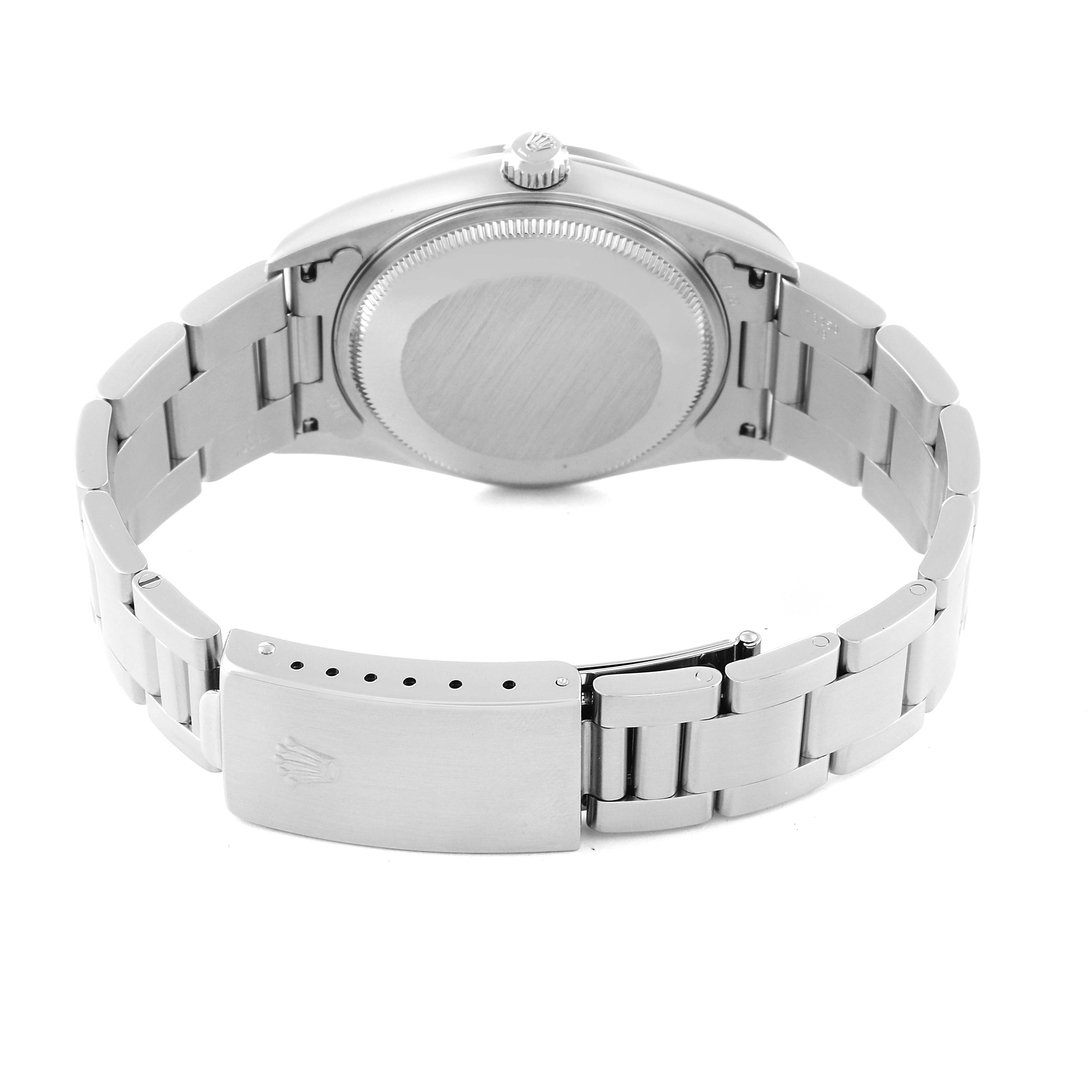 This image shows the back view of the Rolex Air-King 14000 Men's Stainless Steel Blue Dial 14000 Men's Stainless Steel Blue Dial watch highlighting the case back and the metal bracelet clasp.