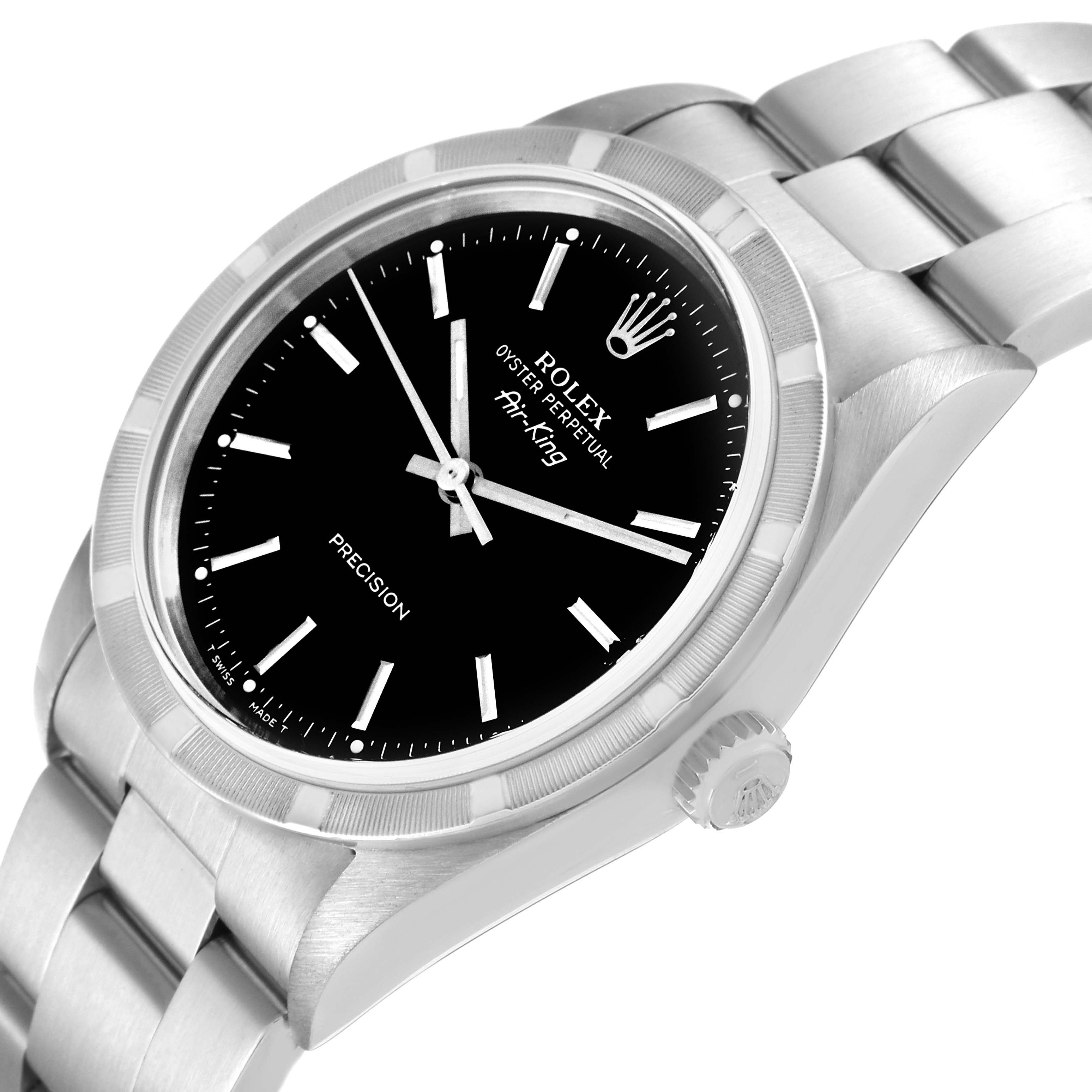The image shows a top angled view of a Rolex Air-King 14010 Men's Stainless Steel Black Dial 14010 Men's Stainless Steel Black Dial watch highlighting its face and part of its bracelet.