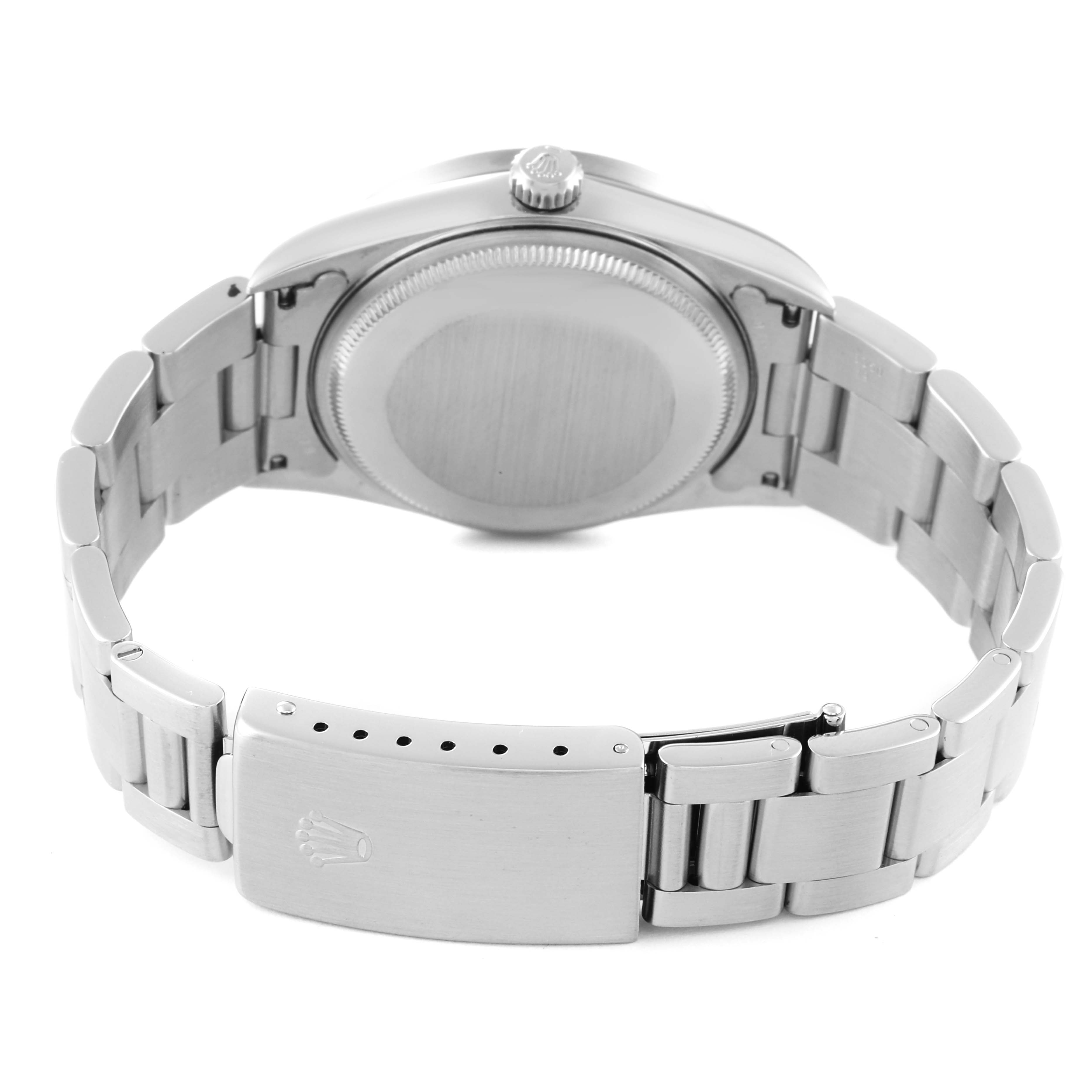 This image shows the back view of a Rolex Air-King 14010 Men's Stainless Steel Black Dial 14010 Men's Stainless Steel Black Dial watch, focusing on the case back, bracelet, and clasp.