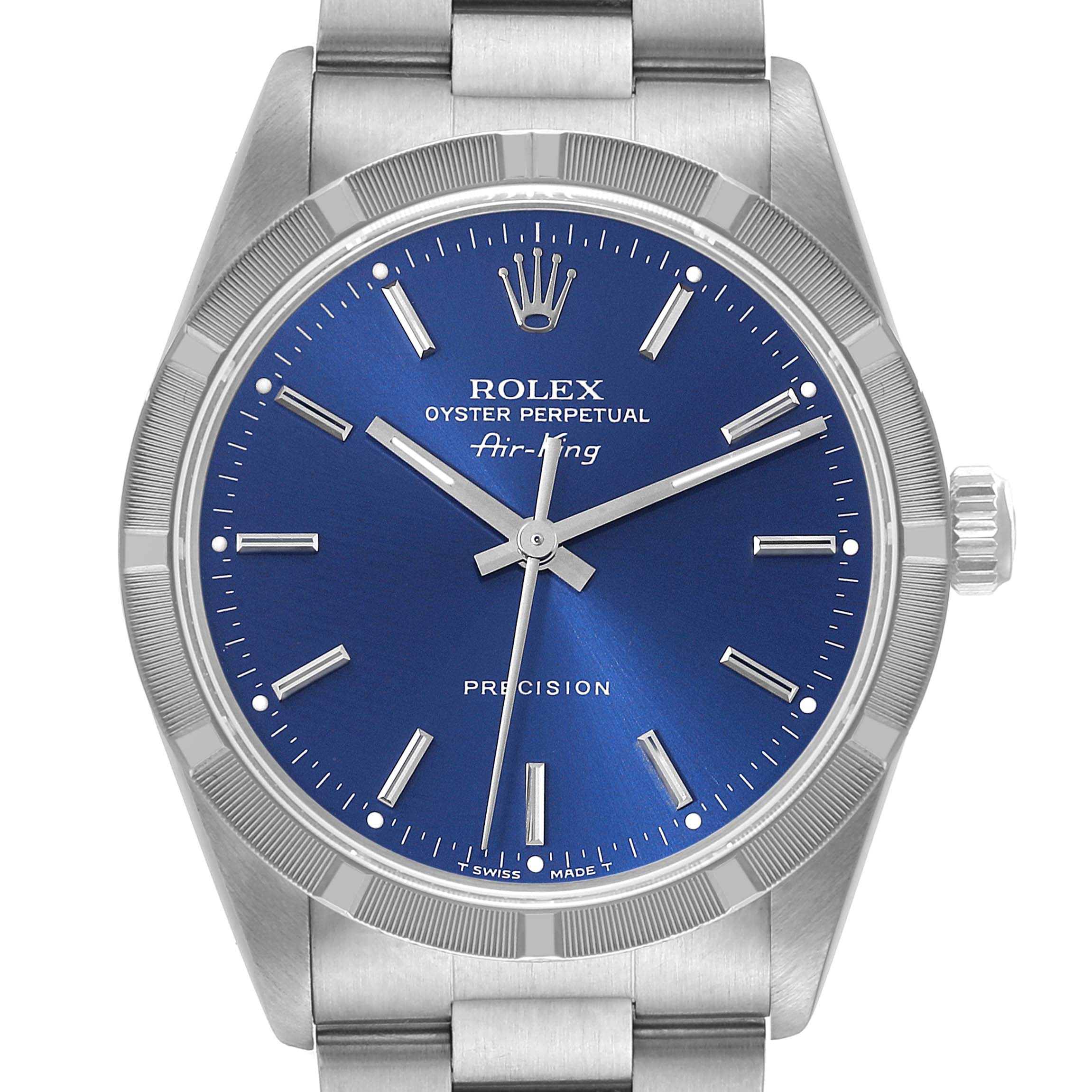 This image shows a front view of a Rolex Air-King 14010 Men's Stainless Steel Blue Dial 14010 Men's Stainless Steel Blue Dial watch, highlighting its blue dial, bezel, and part of the bracelet.