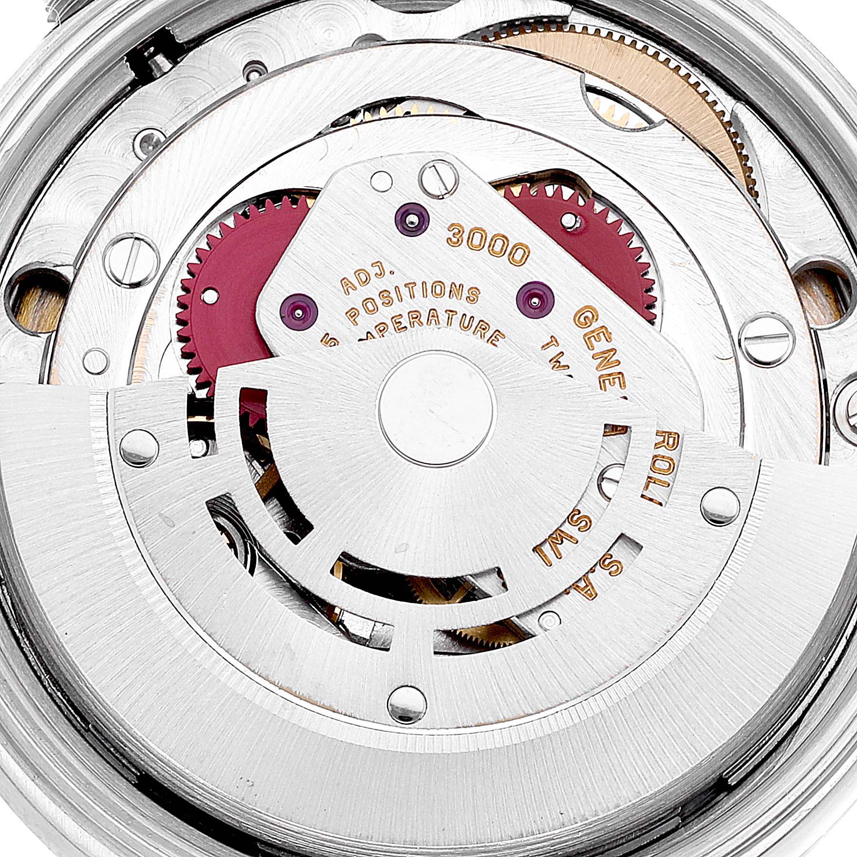 This image shows the detailed view of the movement mechanism inside the Rolex Air-King 14010 Men's Stainless Steel Blue Dial 14010 Men's Stainless Steel Blue Dial watch.