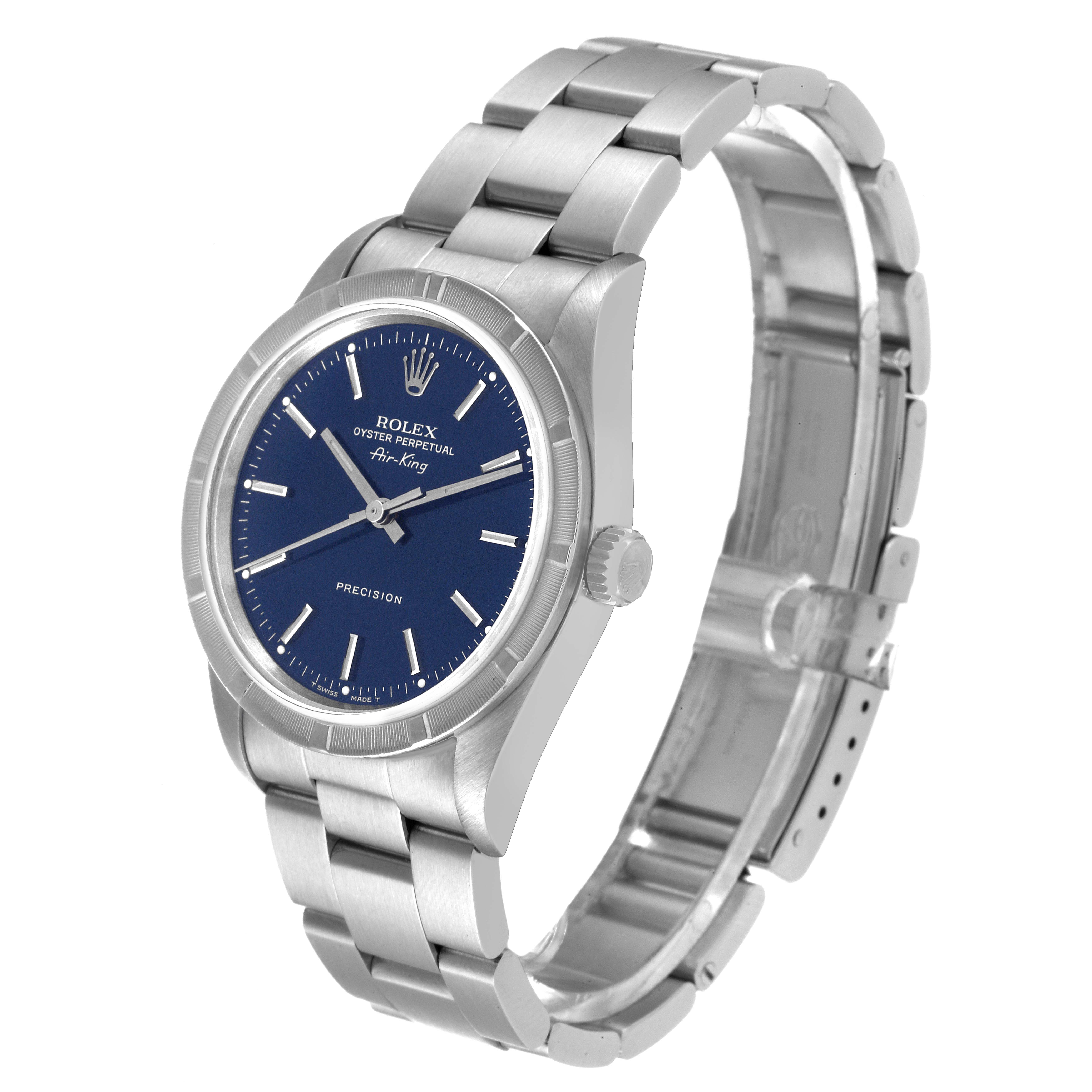 This Rolex Air-King 14010 Men's Stainless Steel Blue Dial 14010 Men's Stainless Steel Blue Dial watch is shown from a three-quarter angle, showcasing its bracelet, case, and dial.